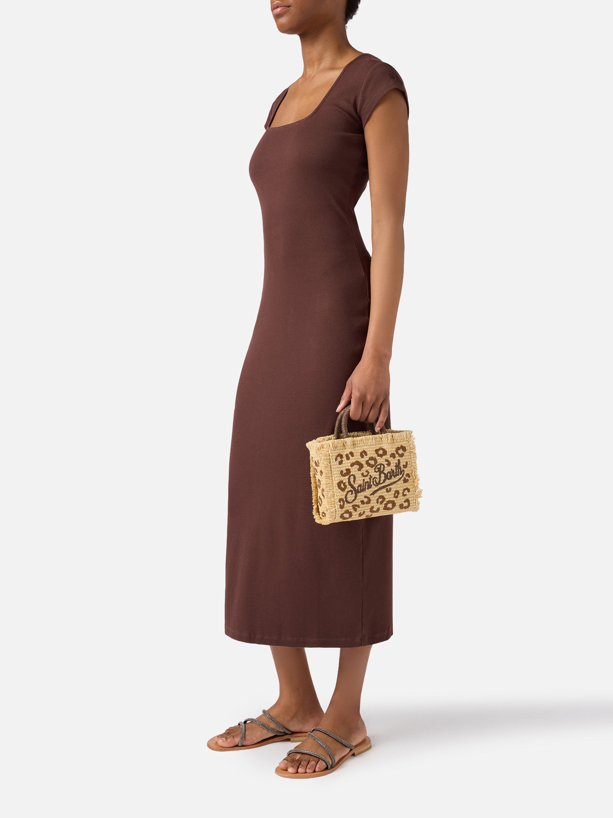 Vanity Mini Straw Effect Bag With Leopard Embroidery Brown