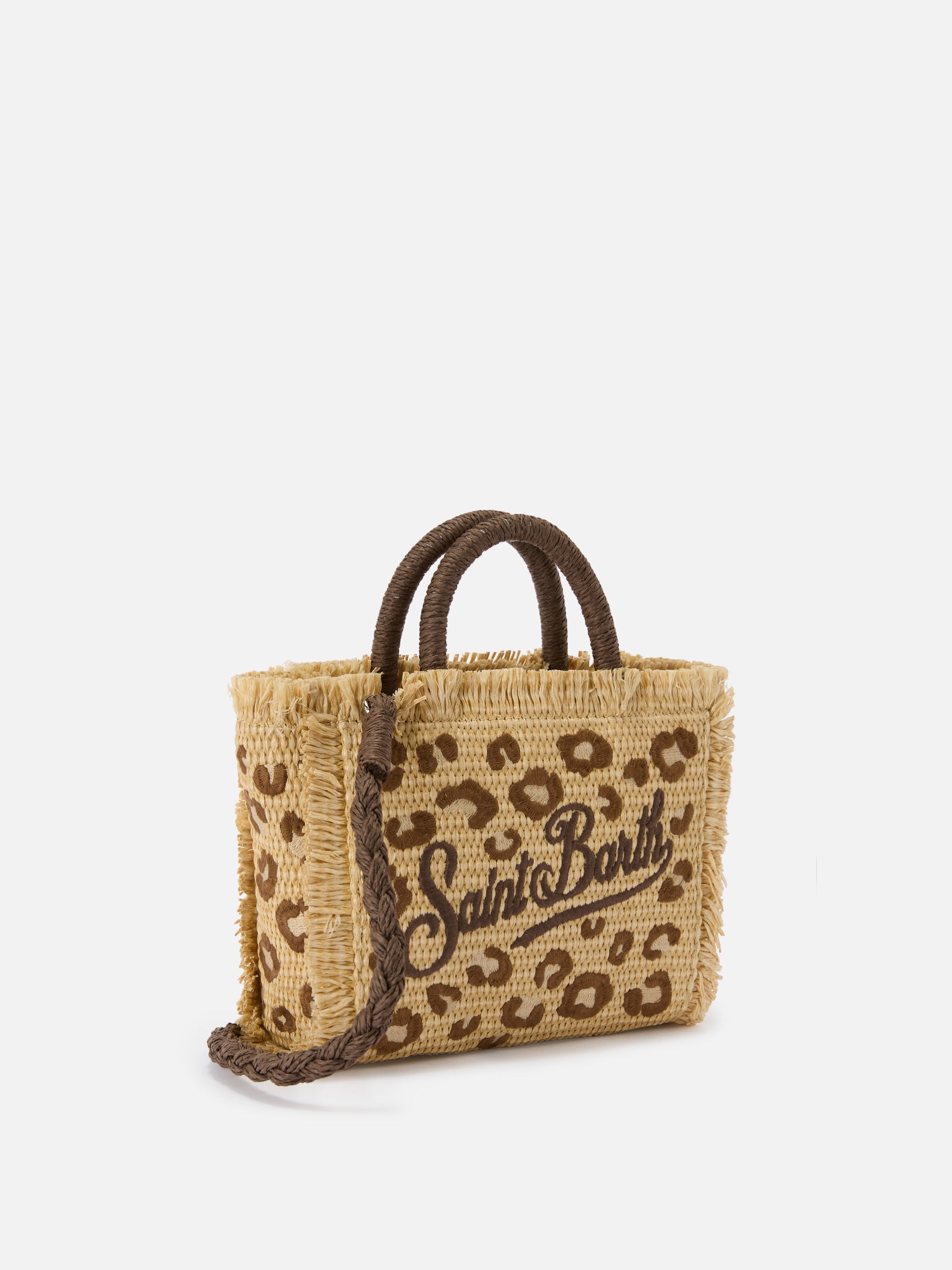 Vanity Mini Straw Effect Bag With Leopard Embroidery Brown