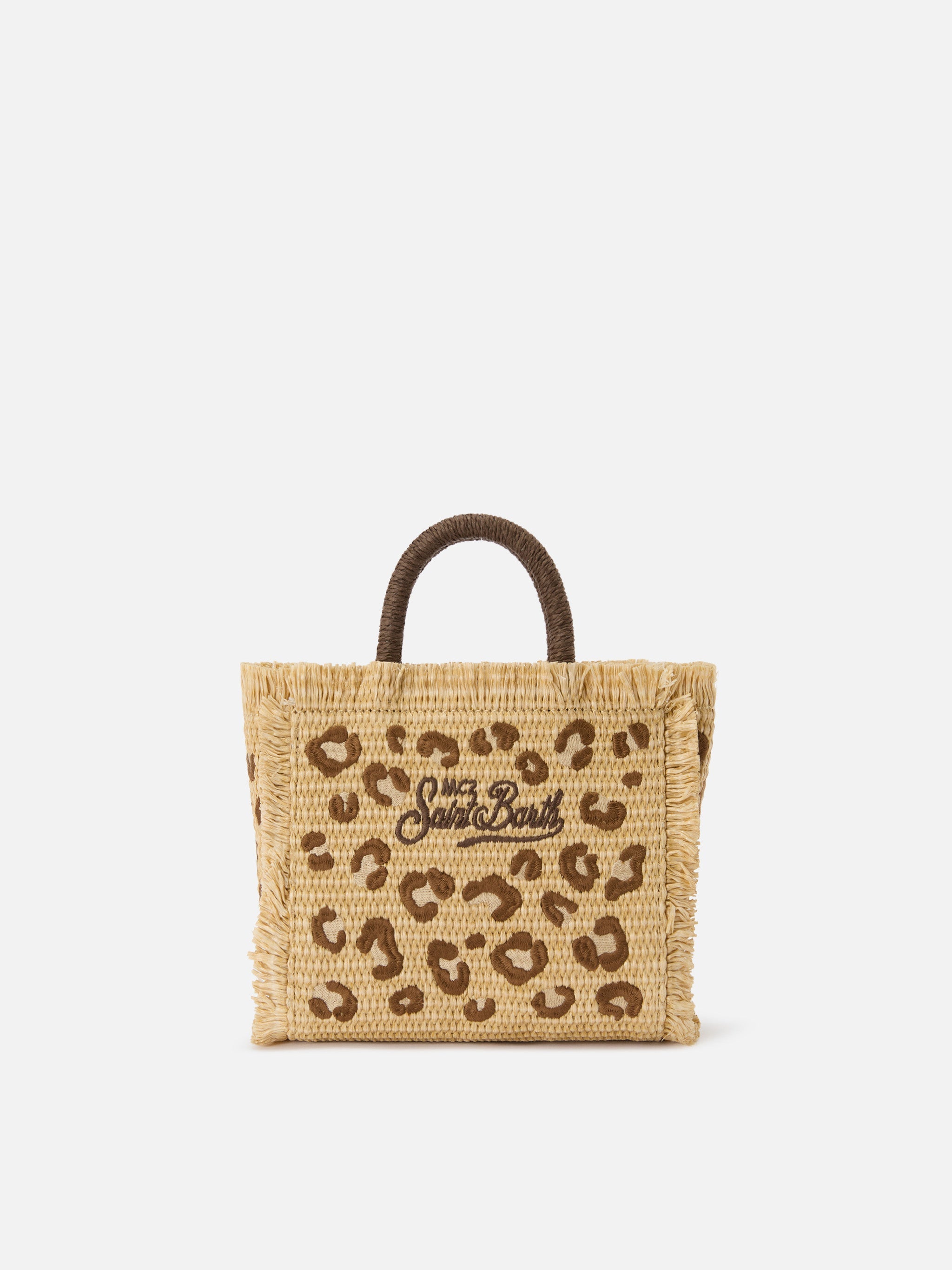 Vanity Mini Straw Effect Bag With Leopard Embroidery Brown