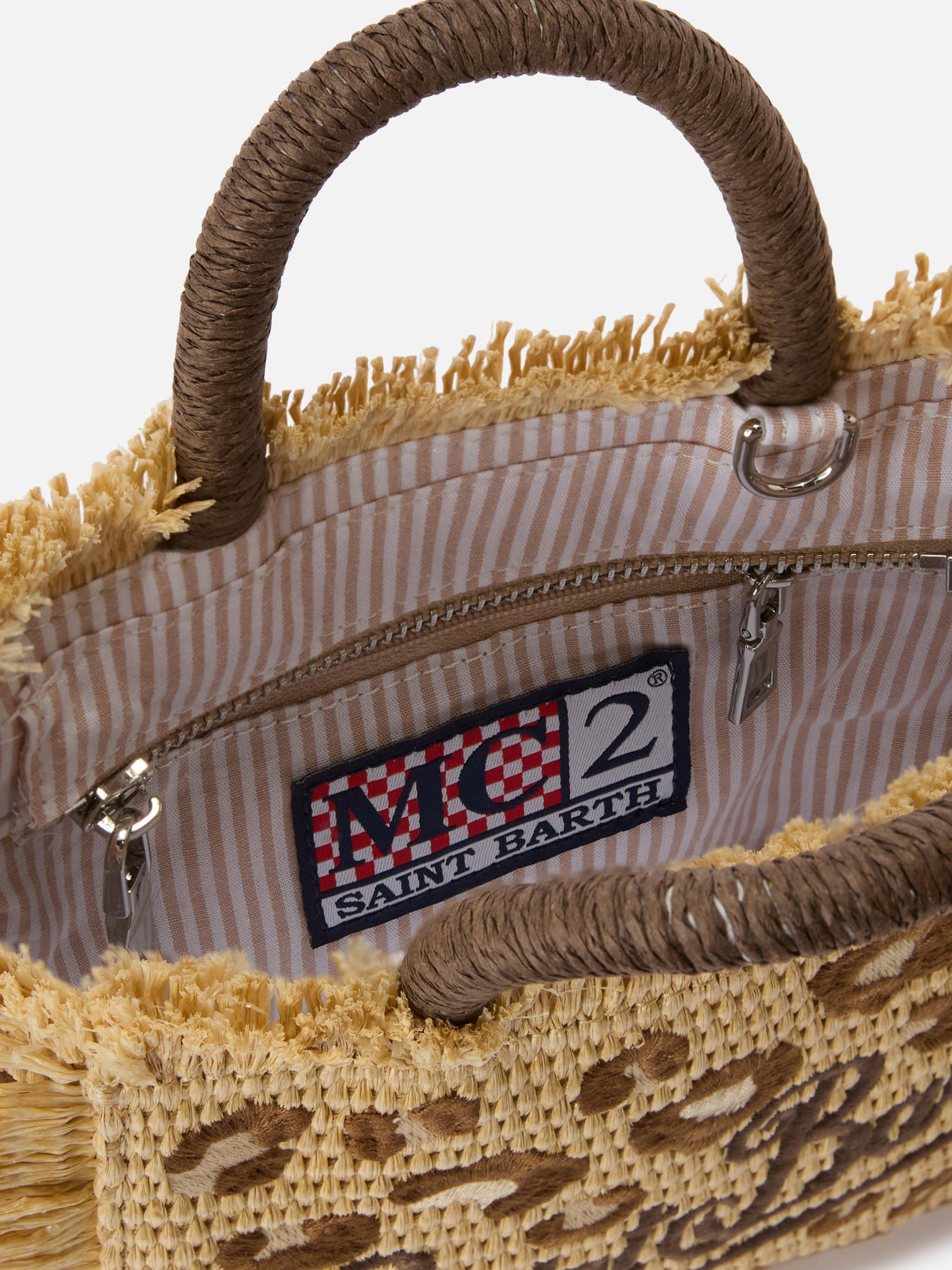 Vanity Mini Straw Effect Bag With Leopard Embroidery Brown