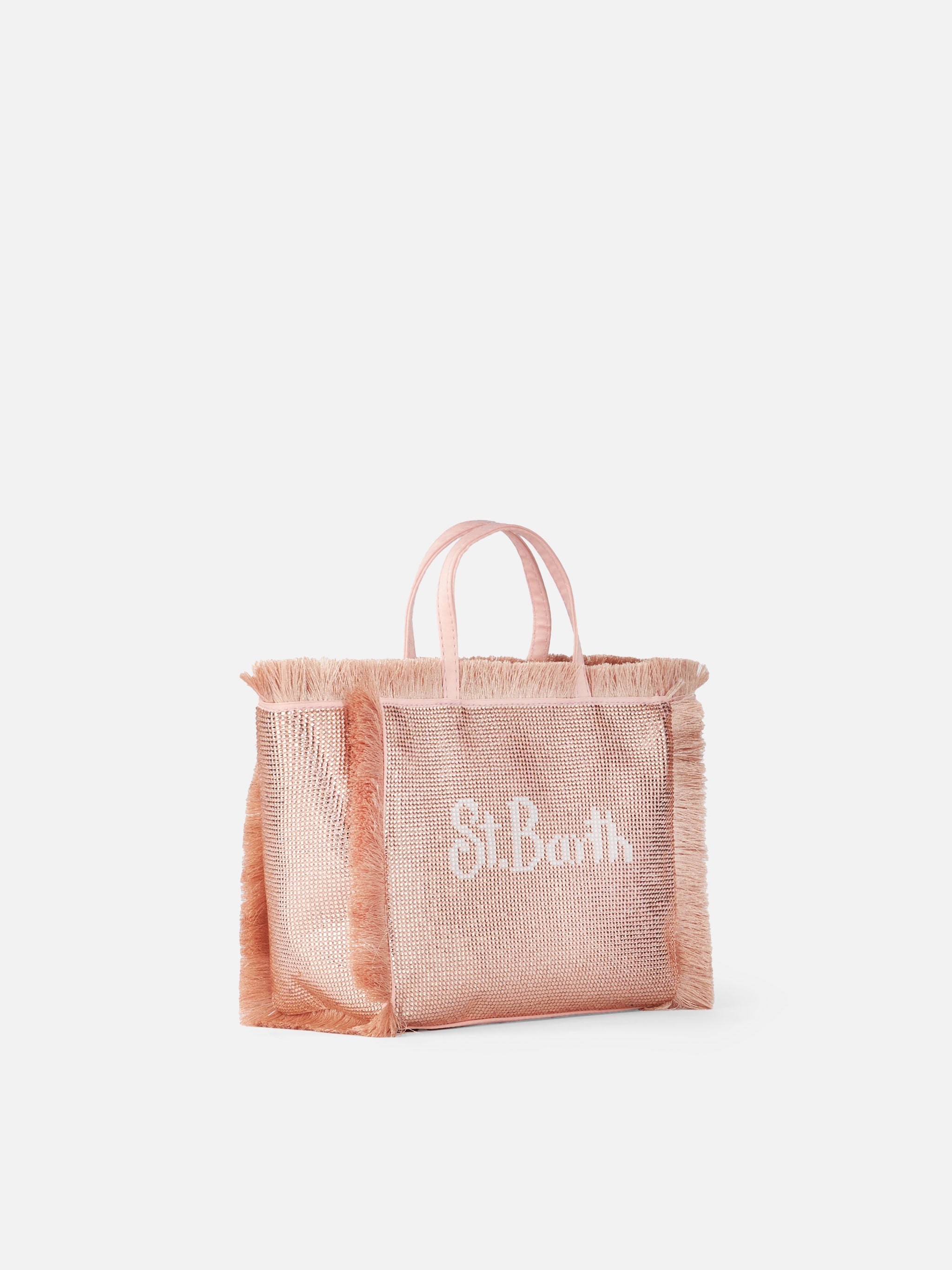 Mini Vanity Fringed Bag With Rose Gold Rhinestones Pink