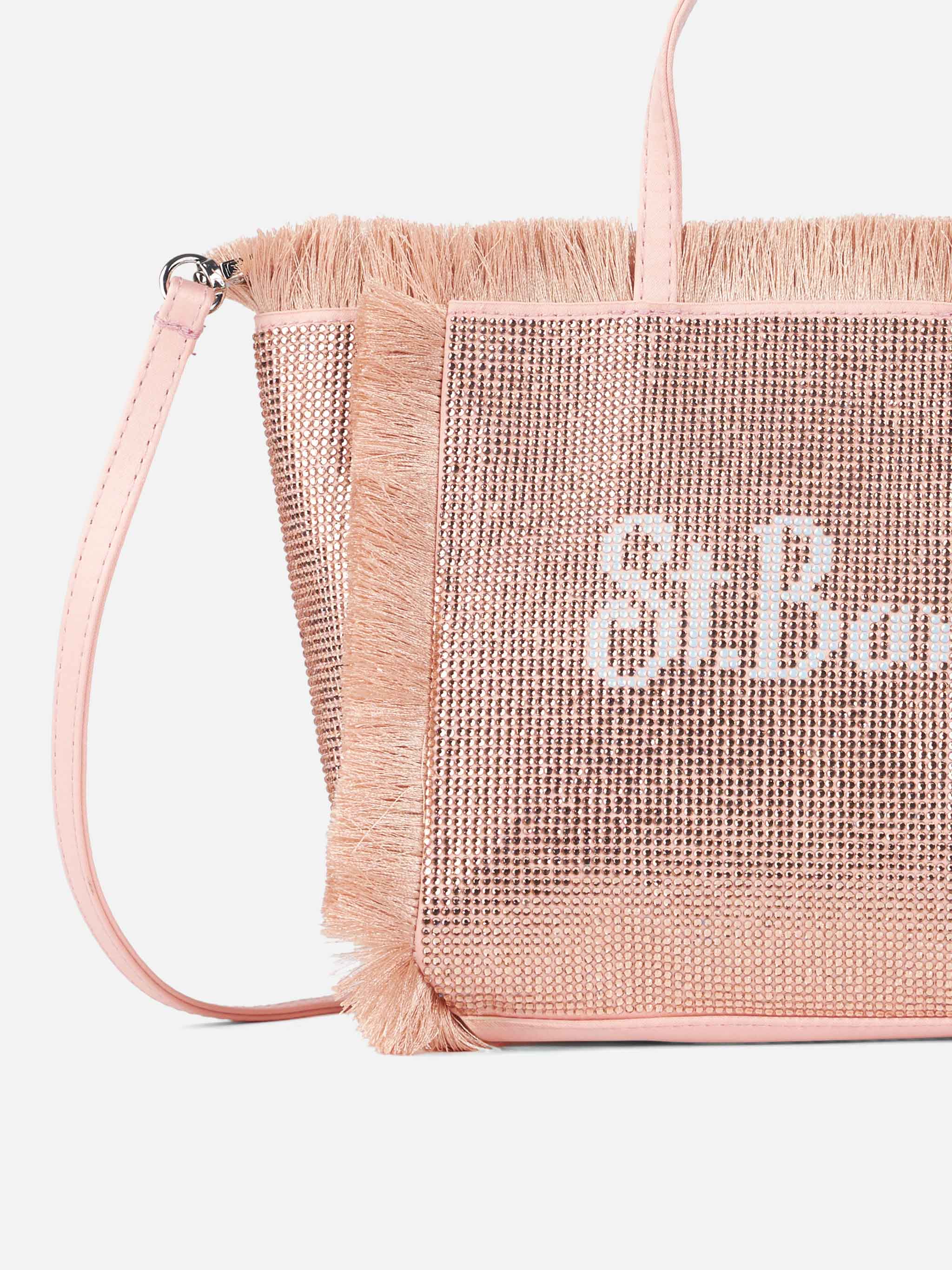 Mini Vanity Fringed Bag With Rose Gold Rhinestones Pink