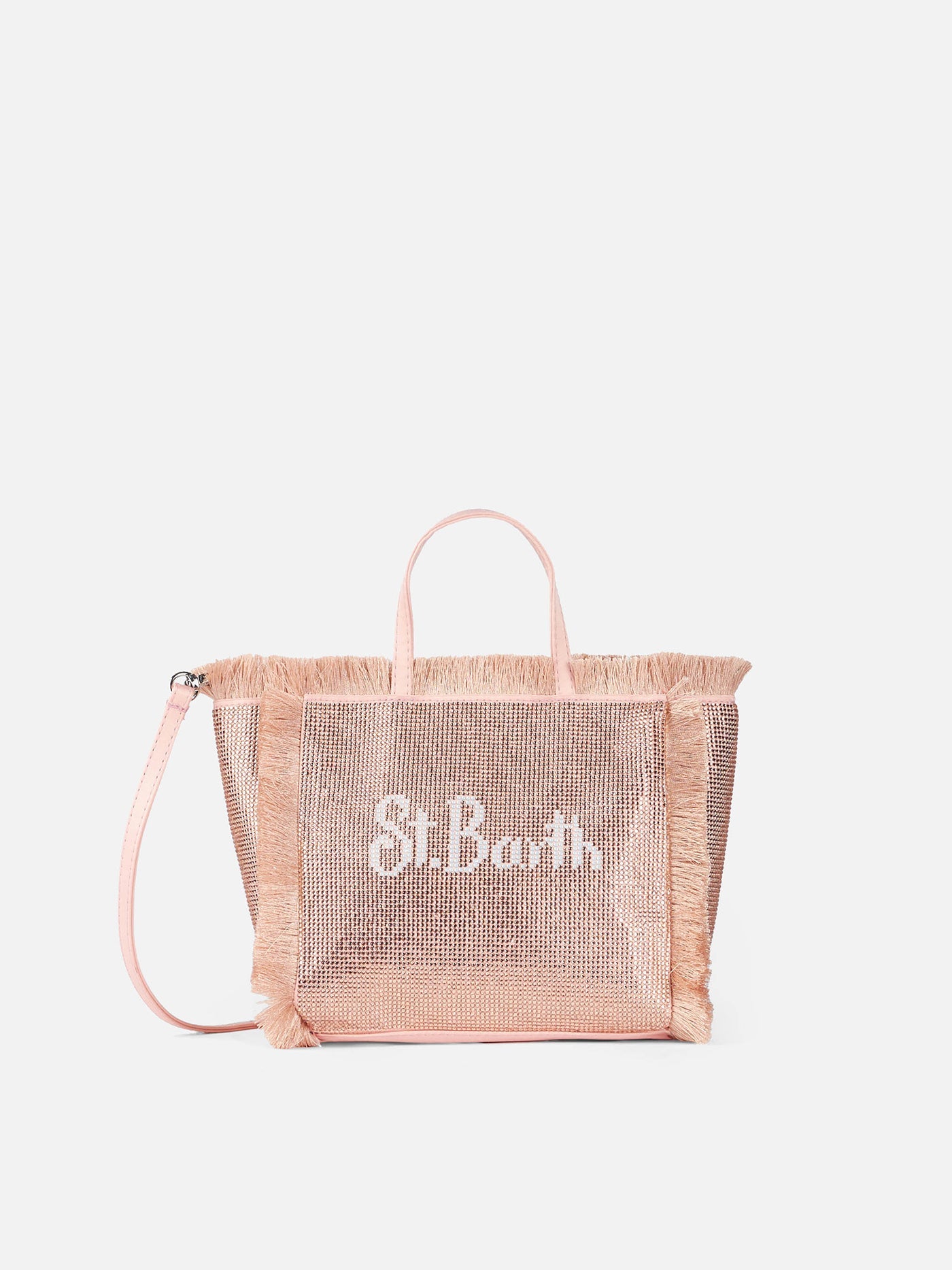 Mini Vanity Fringed Bag With Rose Gold Rhinestones Pink