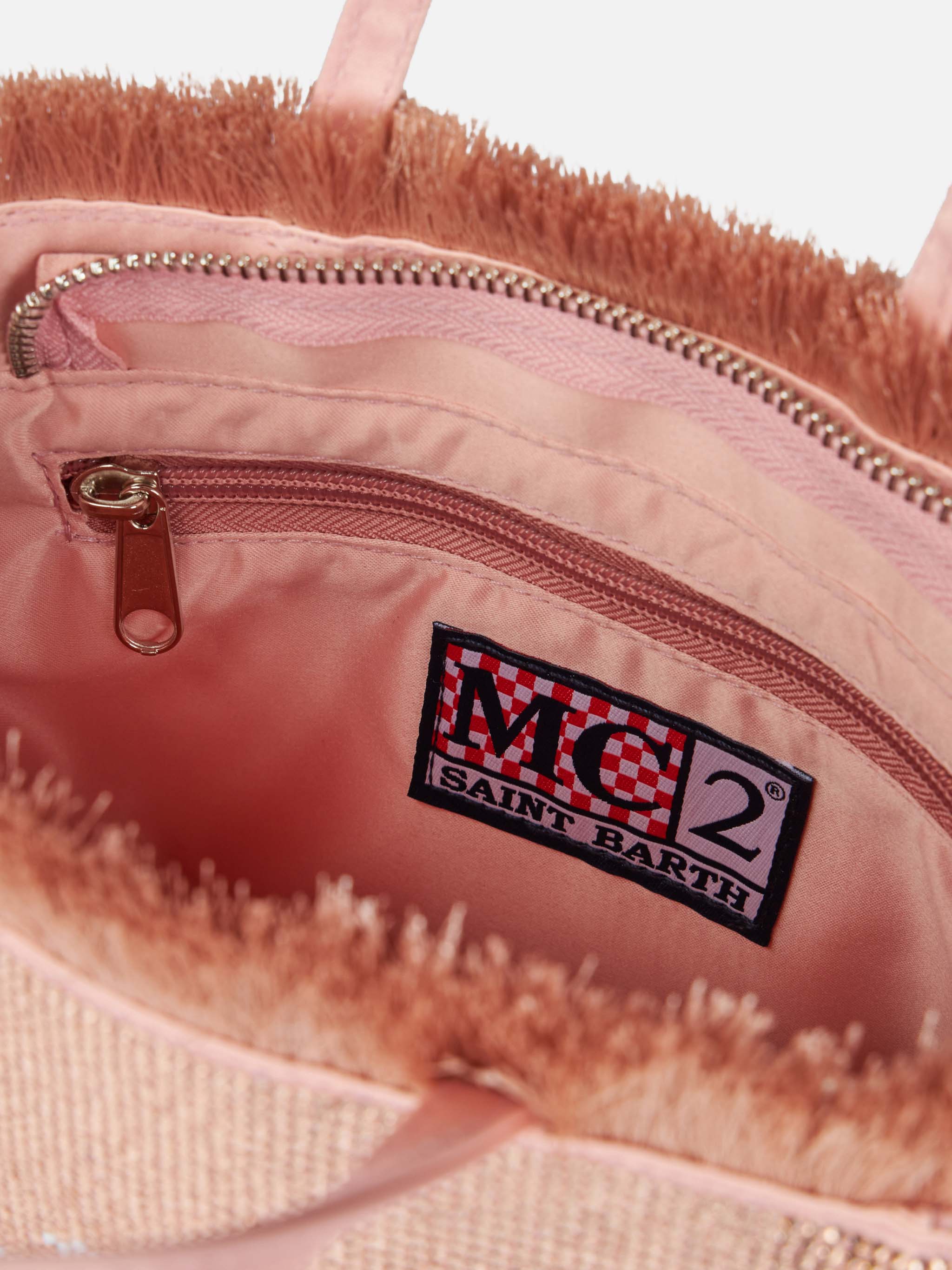 Mini Vanity Fringed Bag With Rose Gold Rhinestones Pink
