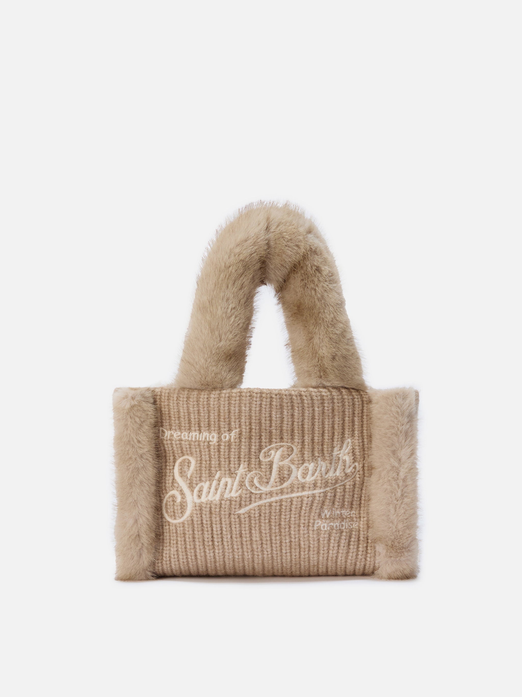 Vanity Mini Shearling Rib Handbag Beige Ribbed Wool Blend With Brown Bag