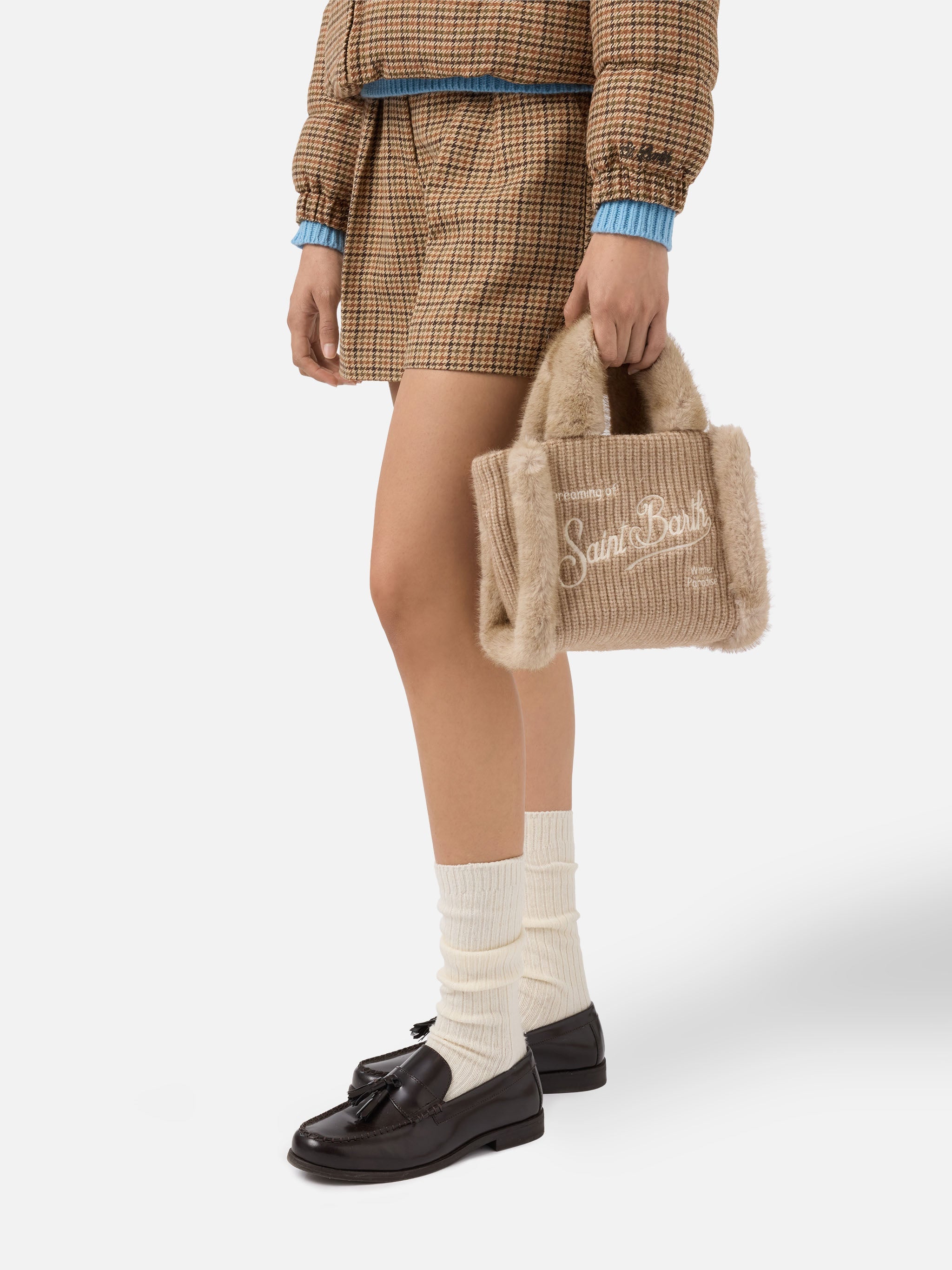 Vanity Mini Shearling Rib Handbag Beige Ribbed Wool Blend With Brown Bag