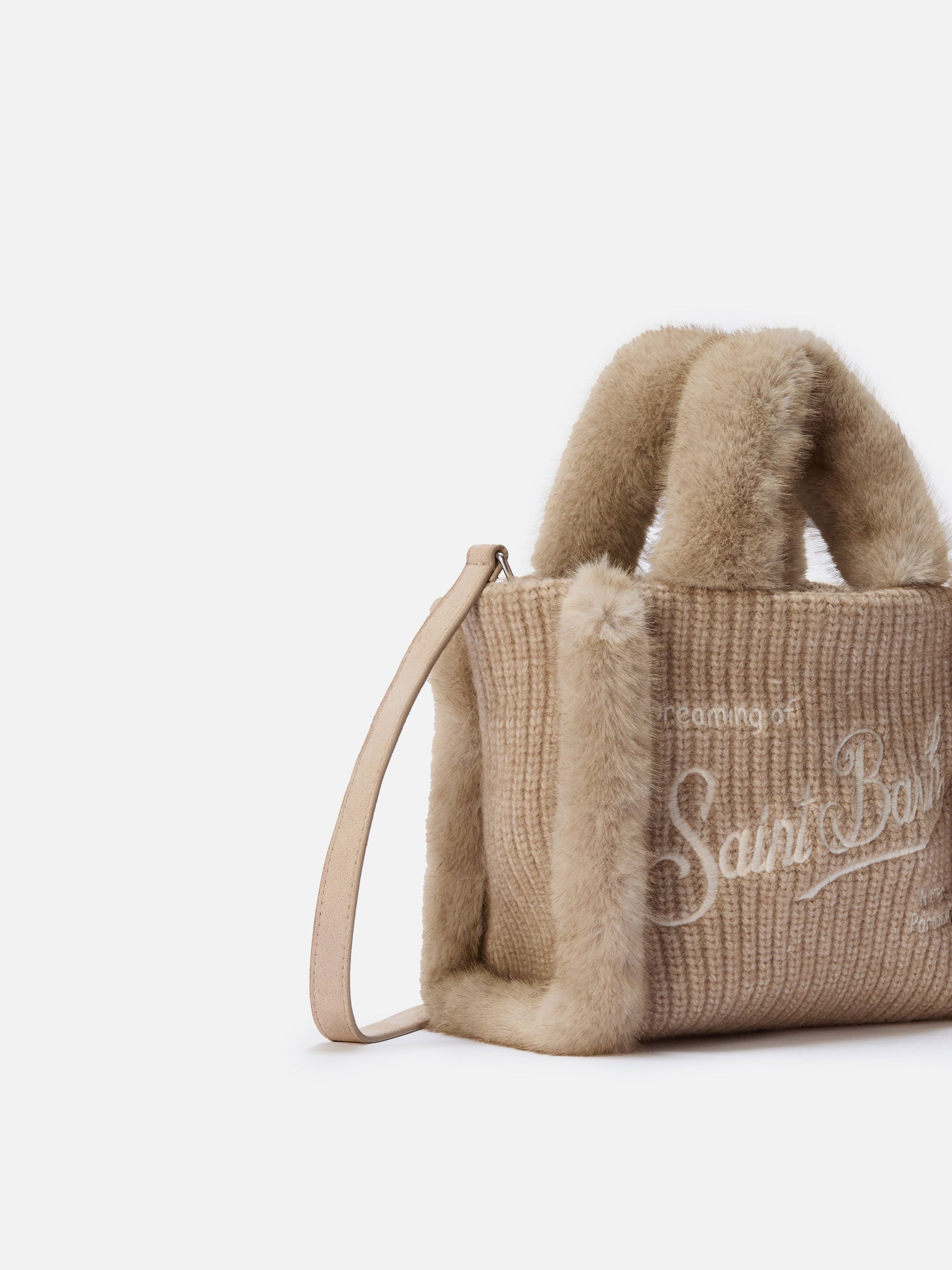Vanity Mini Shearling Rib Handbag Beige Ribbed Wool Blend With Brown Bag