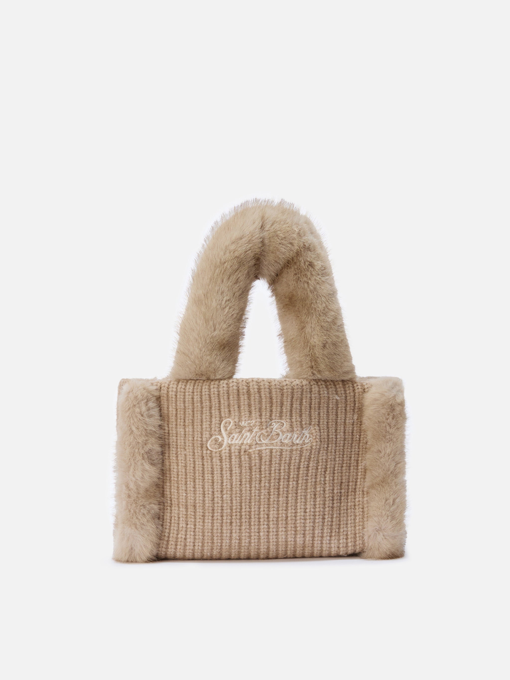 Vanity Mini Shearling Rib Handbag Beige Ribbed Wool Blend With Brown Bag