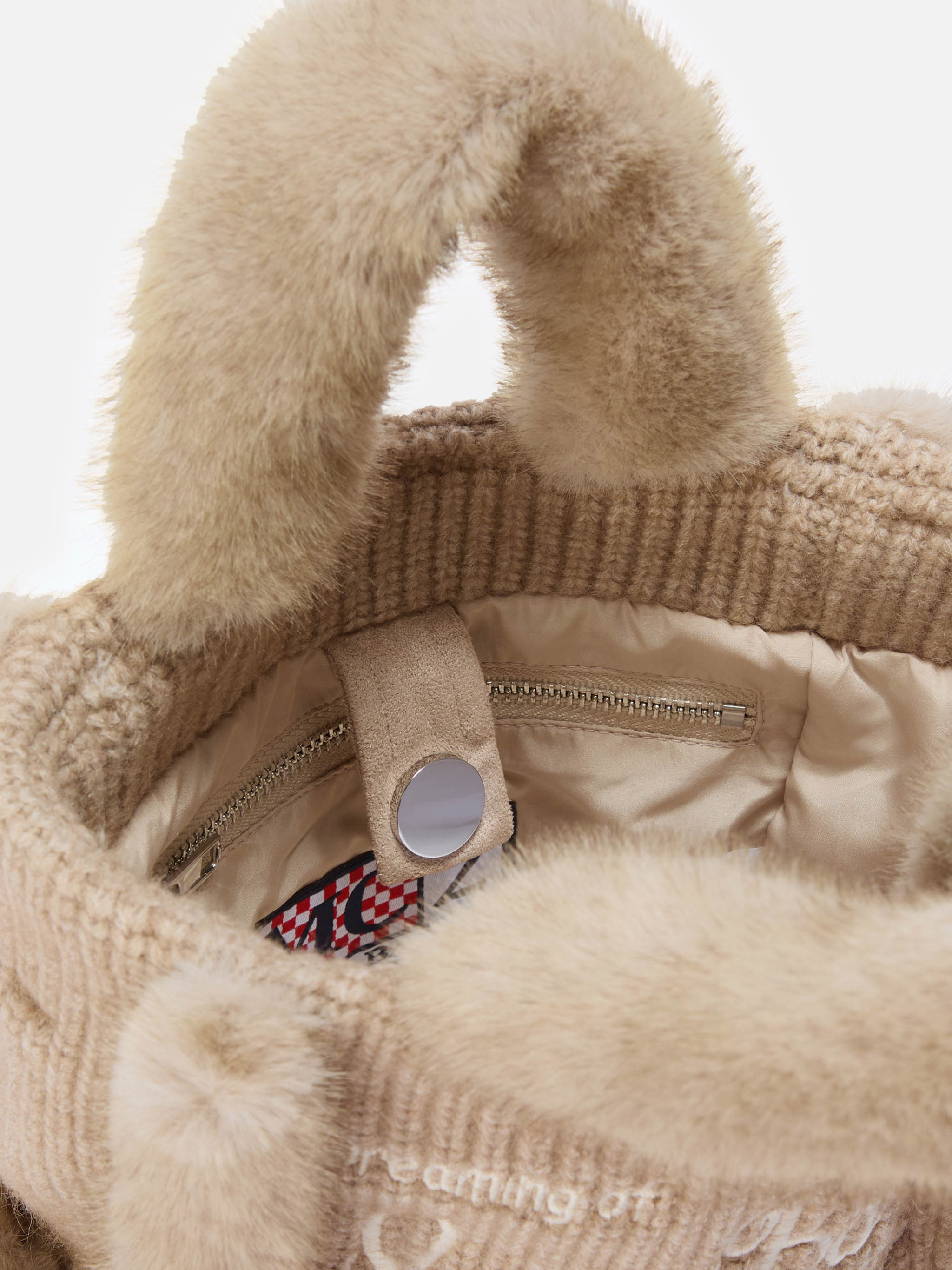 Vanity Mini Shearling Rib Handbag Beige Ribbed Wool Blend With Brown Bag