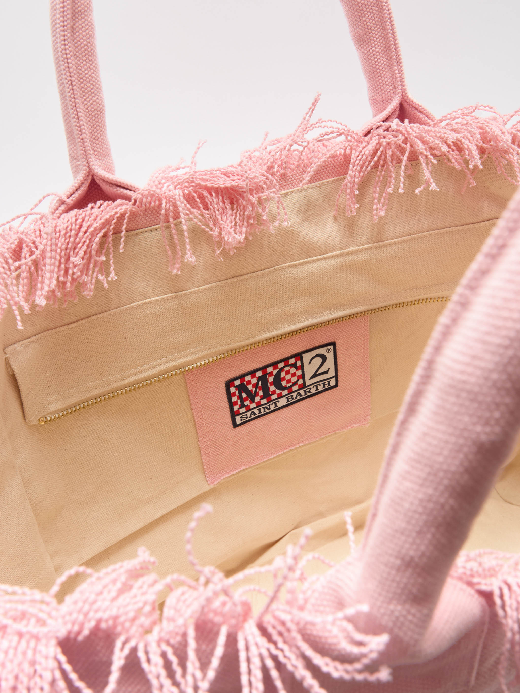 Pink Canvas Vanity Regular Bag With Fringes