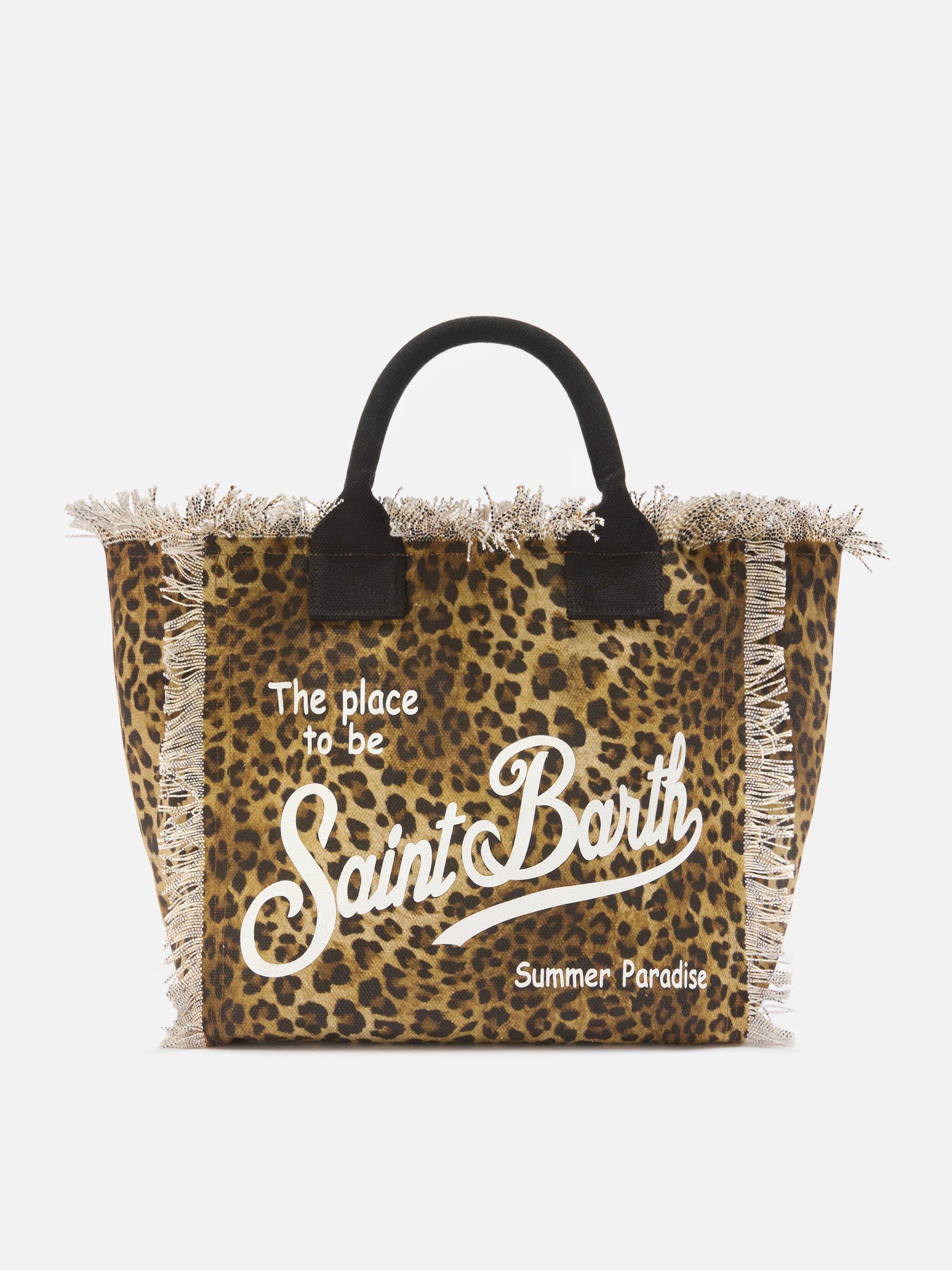 Leopard Print Canvas Vanity Regular Bag With Fringes Black