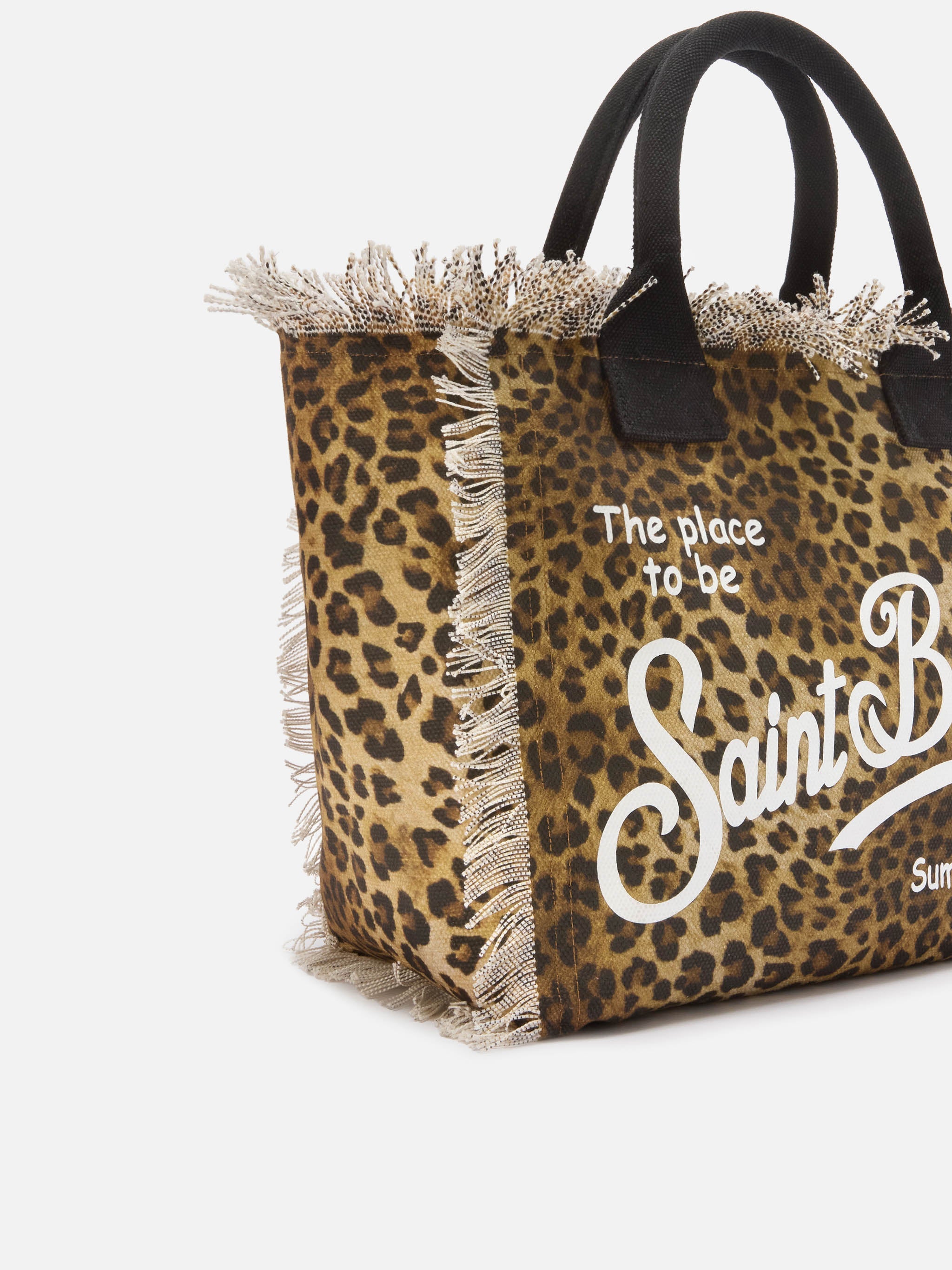 Leopard Print Canvas Vanity Regular Bag With Fringes Black