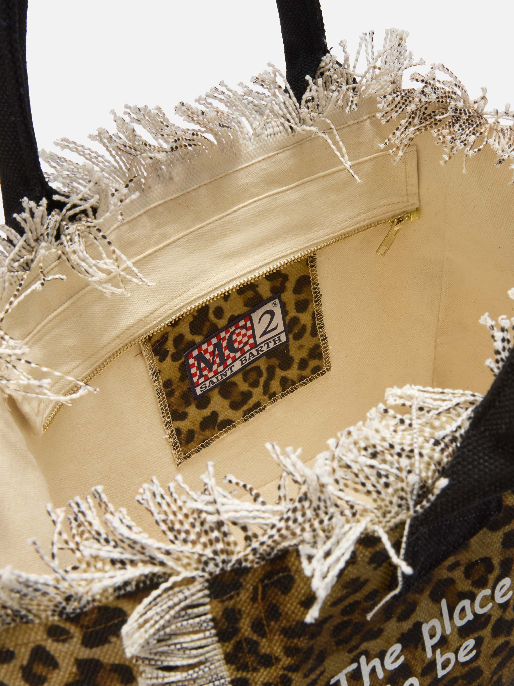 Leopard Print Canvas Vanity Regular Bag With Fringes Black