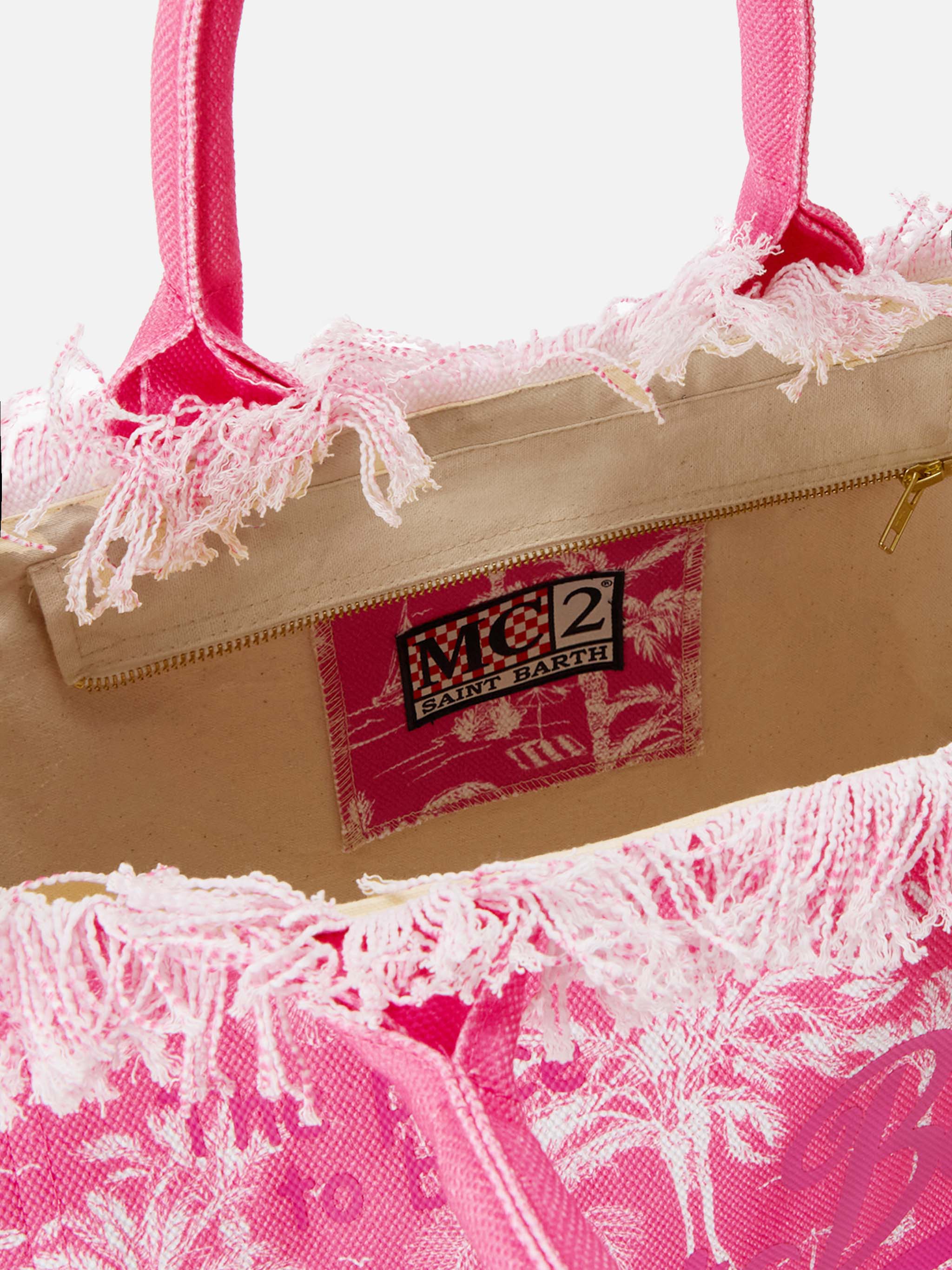 Pink Cotton Canvas Vanity Tote Bag With Toile De Jouy Print
