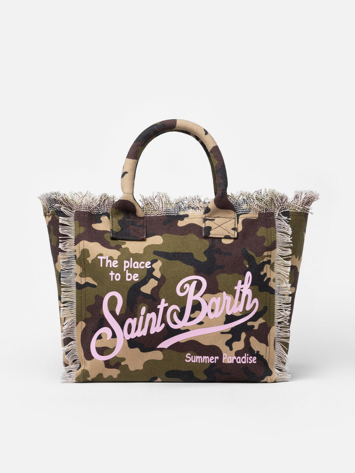 Cotton Canvas Vanity Tote Bag With Camouflage Print Green
