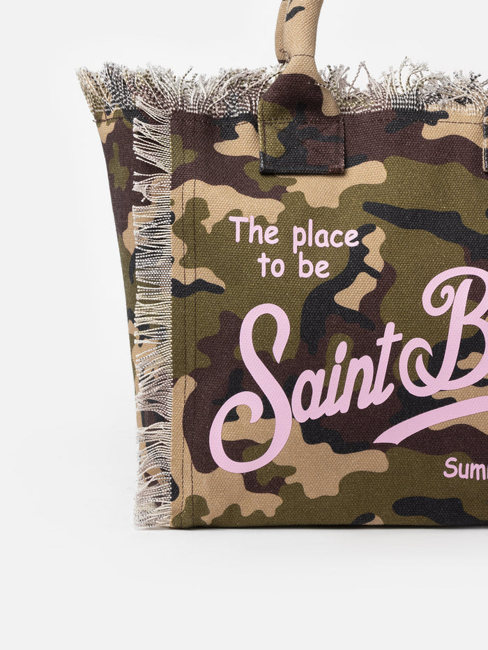 Cotton Canvas Vanity Tote Bag With Camouflage Print Green