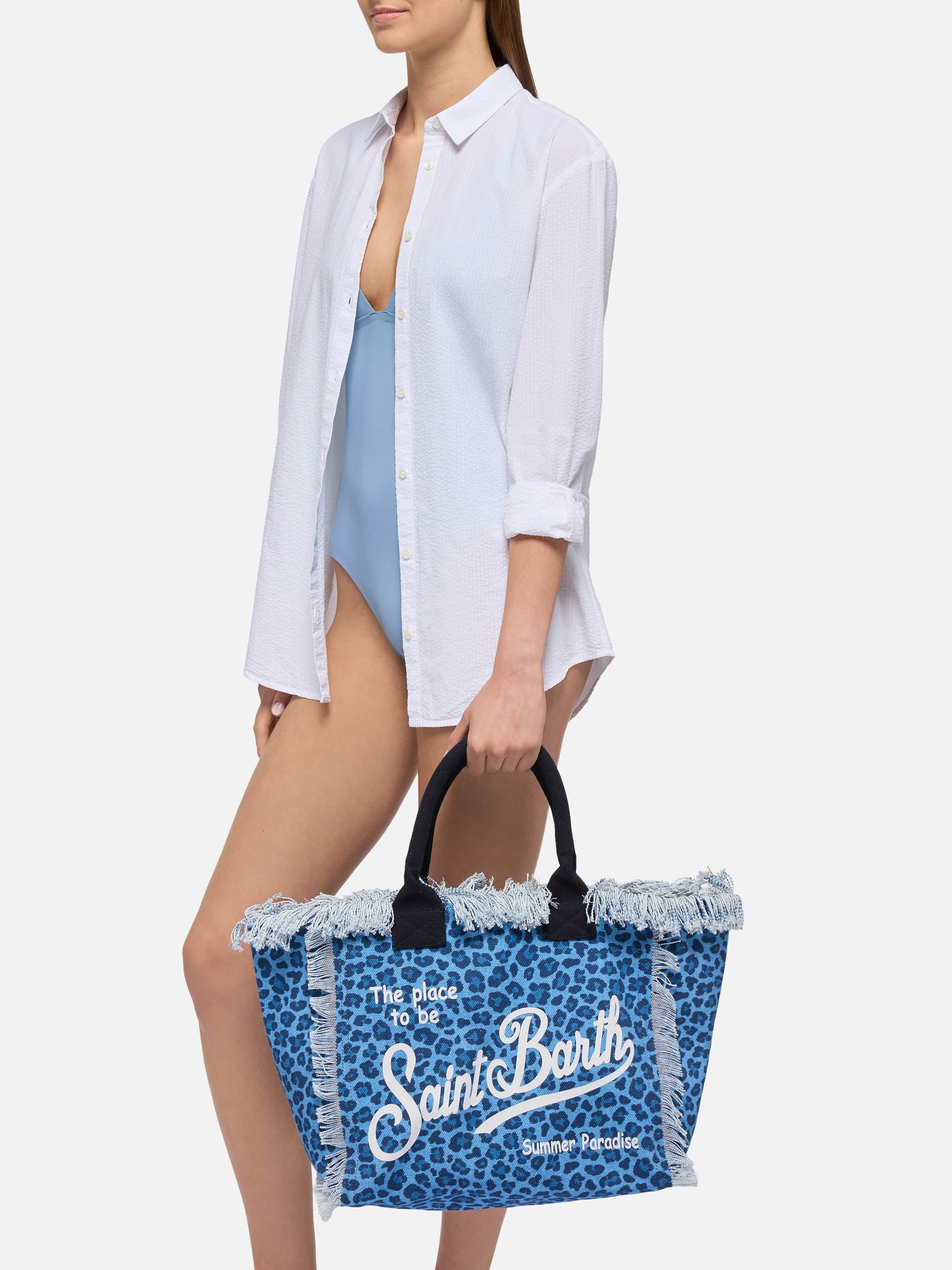 Cotton Canvas Vanity Tote Bag With Animalier Print Blue