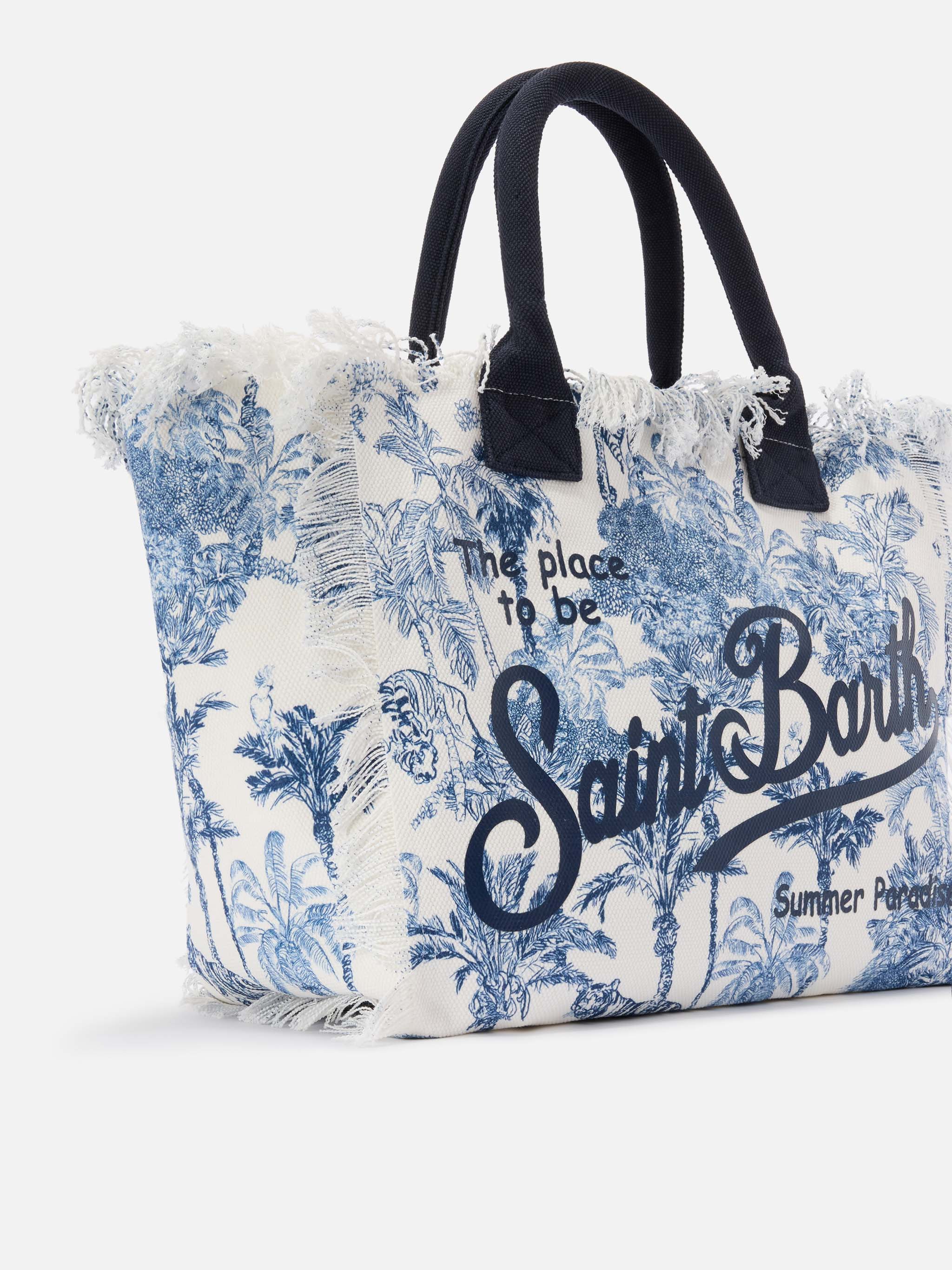 Regular Vanity Canvas Bag With Blue Toile De Jouy Print White