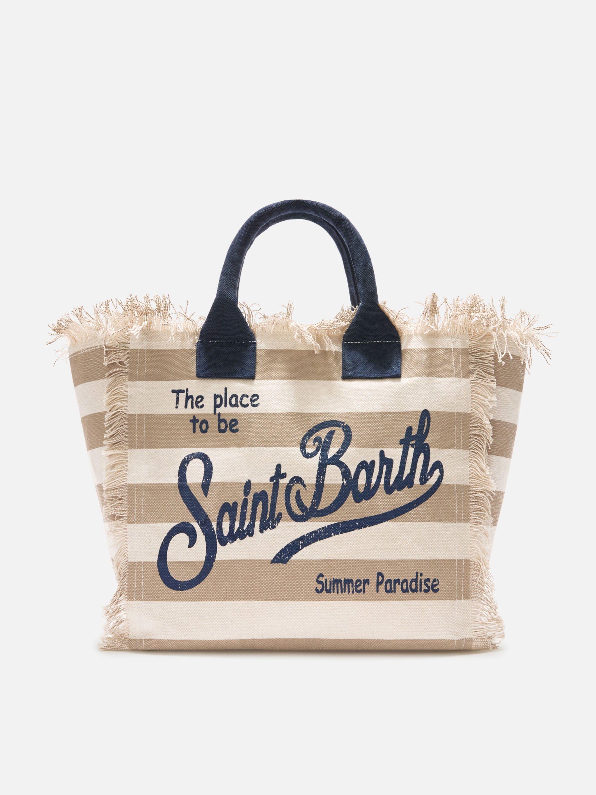 Beige Canvas Vanity Regular Bag With Horizontal Stripes White