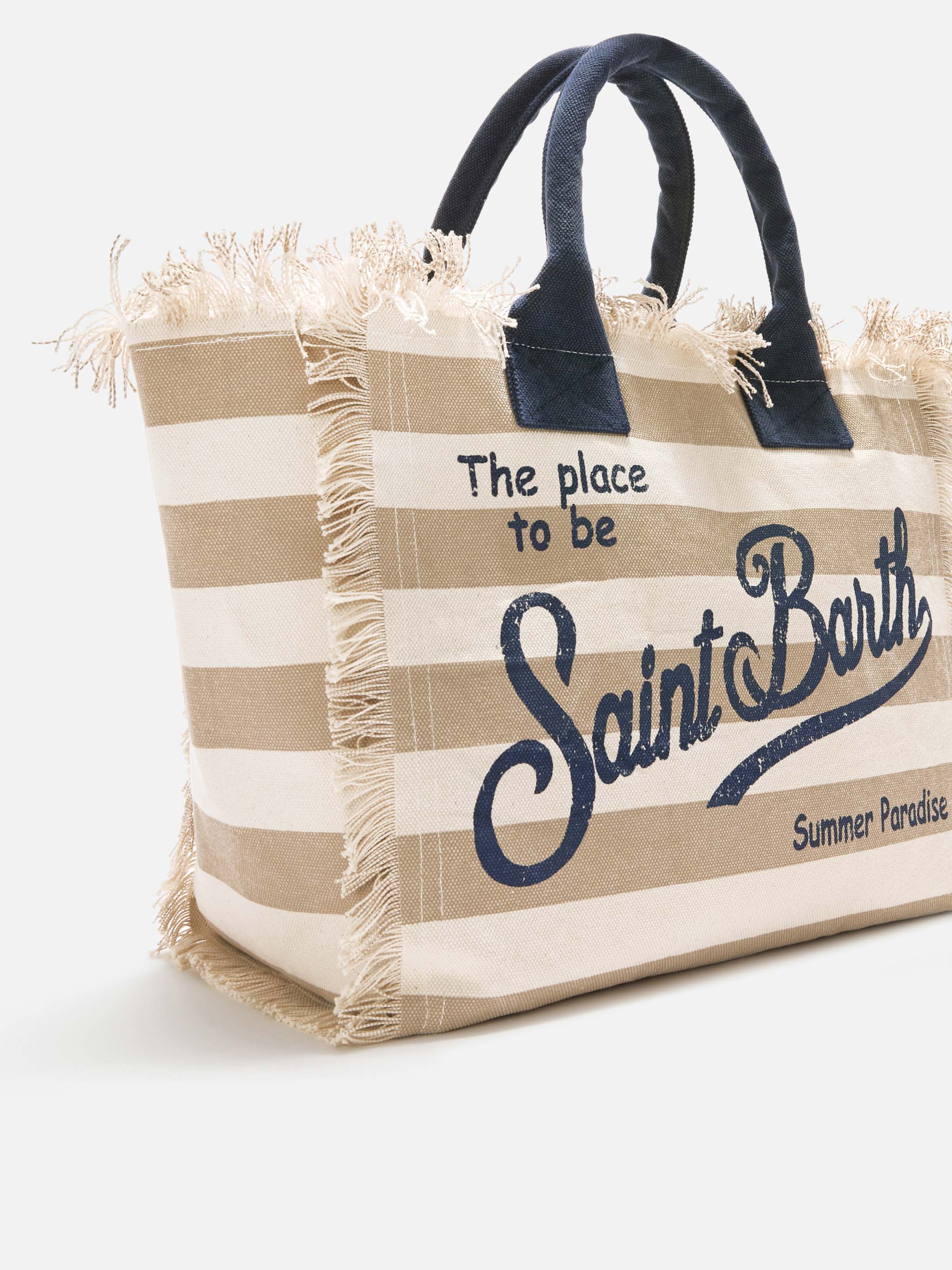 Beige Canvas Vanity Regular Bag With Horizontal Stripes White