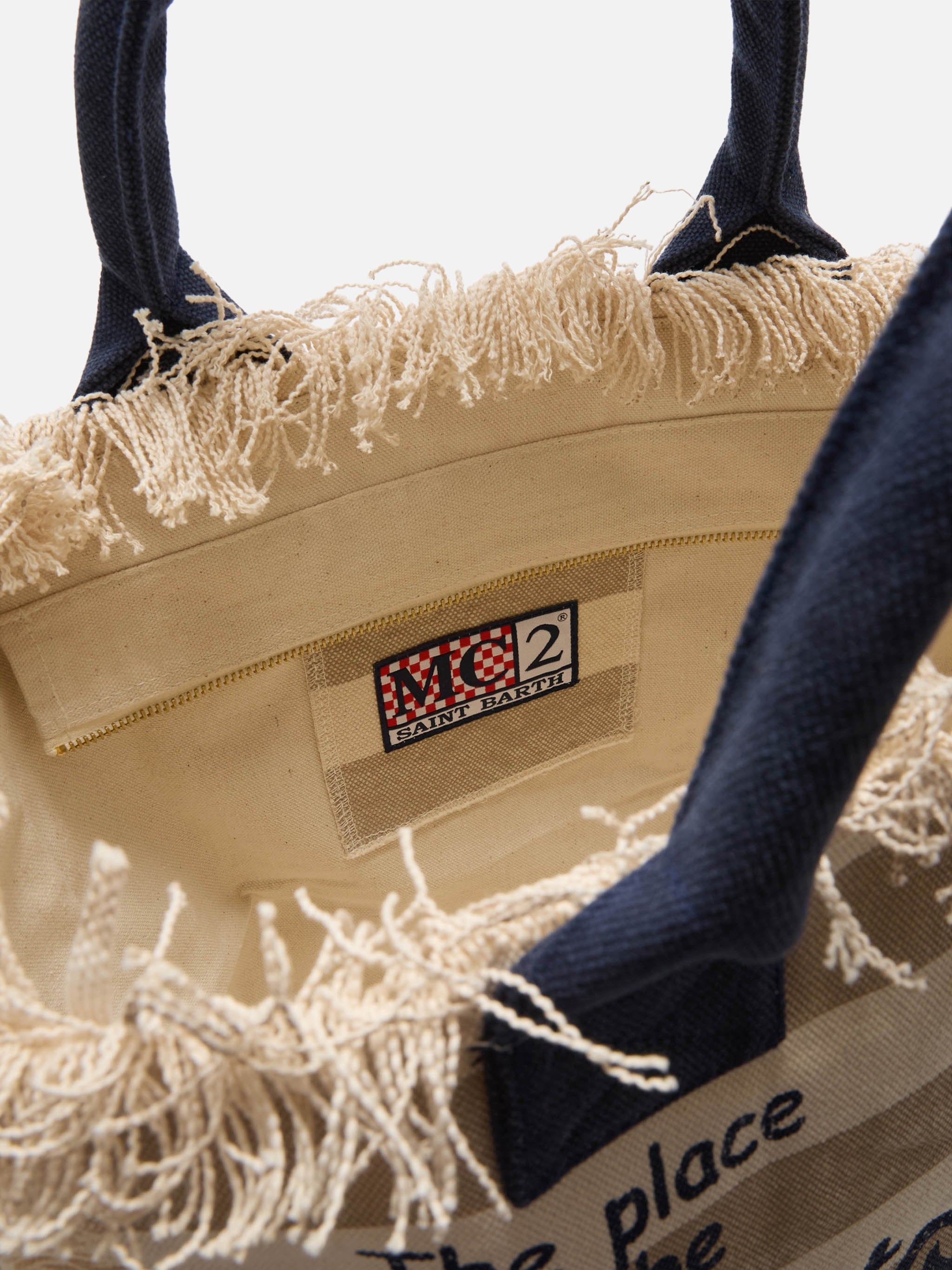 Beige Canvas Vanity Regular Bag With Horizontal Stripes White