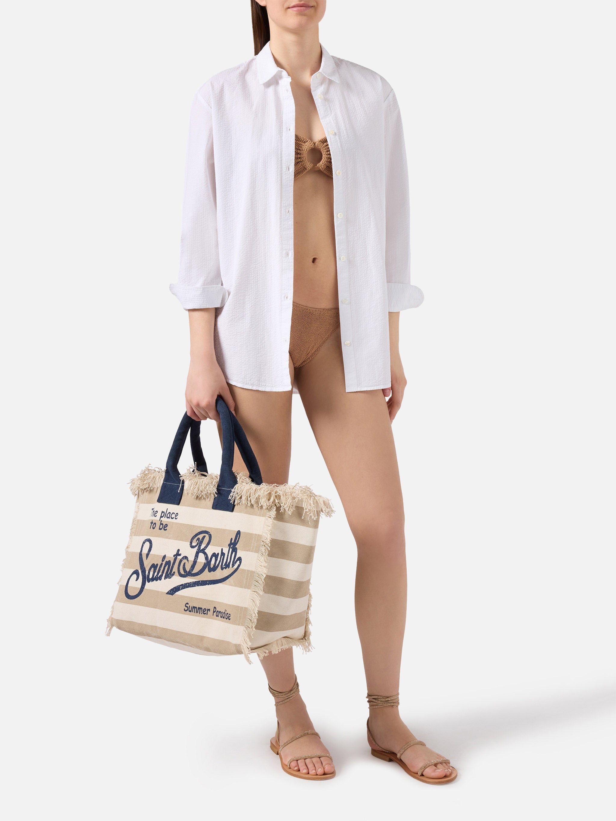Beige Canvas Vanity Regular Bag With Horizontal Stripes White