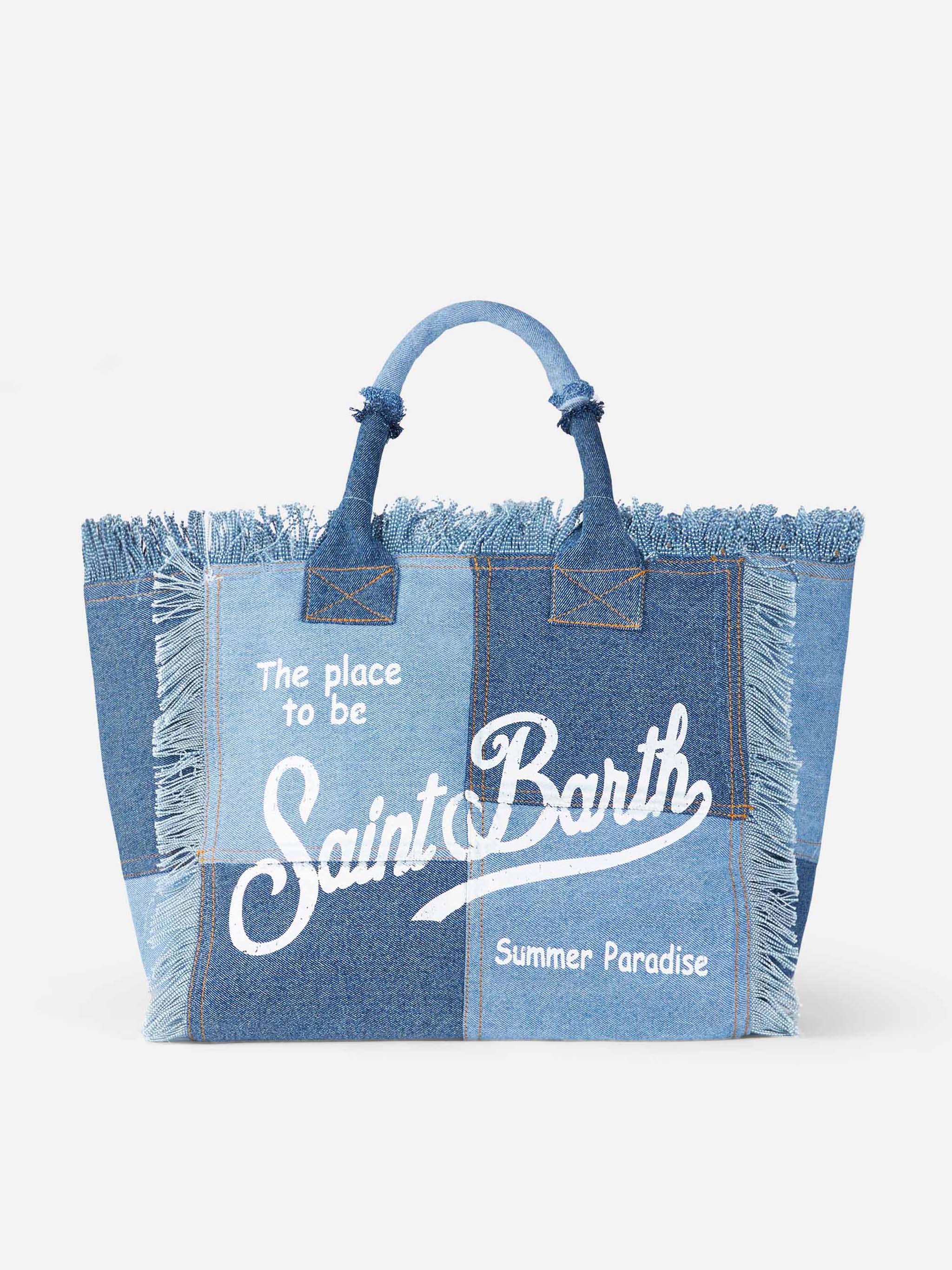 Denim Patchwork Cotton Canvas Vanity Tote Bag Blue