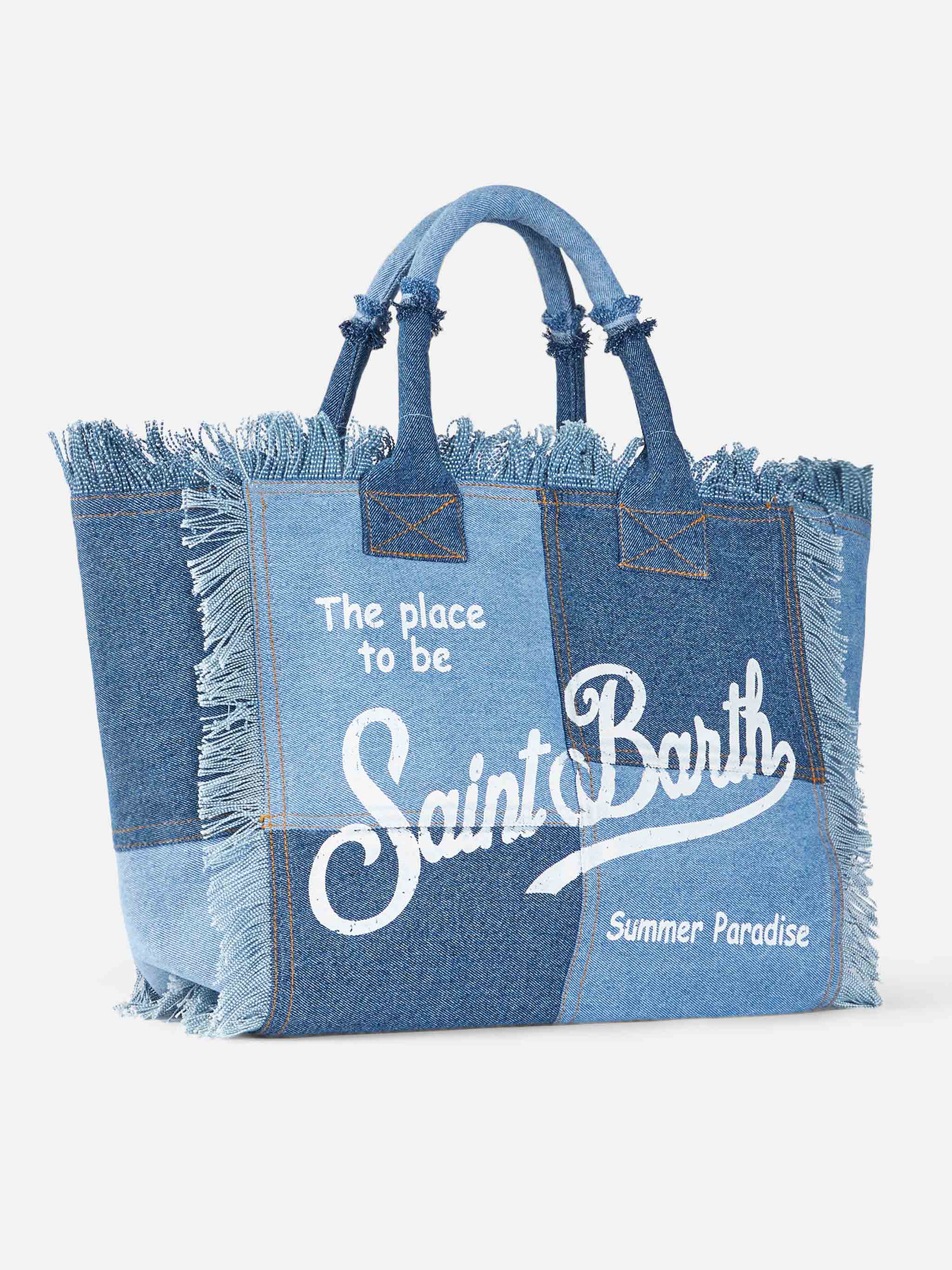 Denim Patchwork Cotton Canvas Vanity Tote Bag Blue