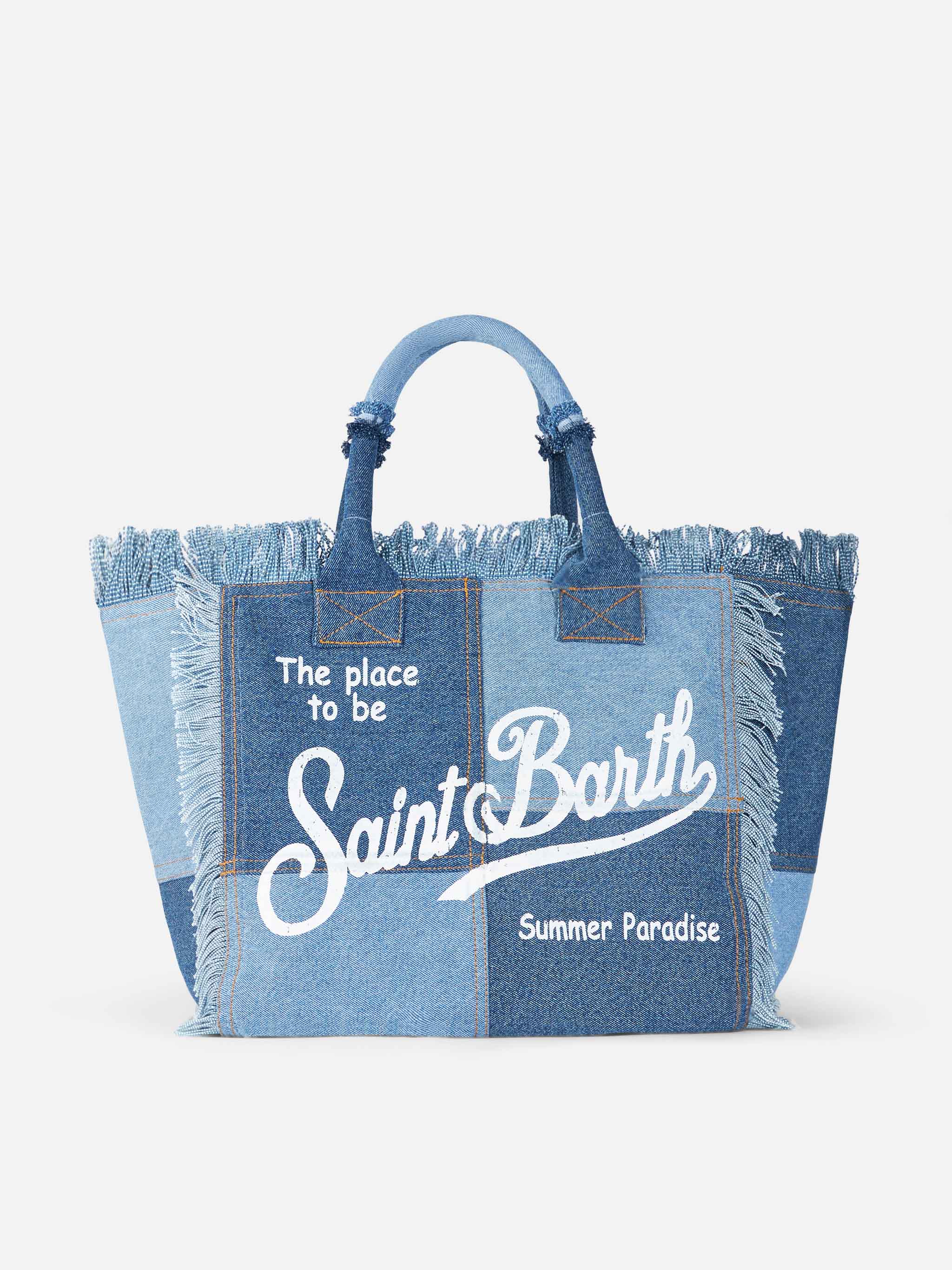 Denim Patchwork Cotton Canvas Vanity Tote Bag Blue