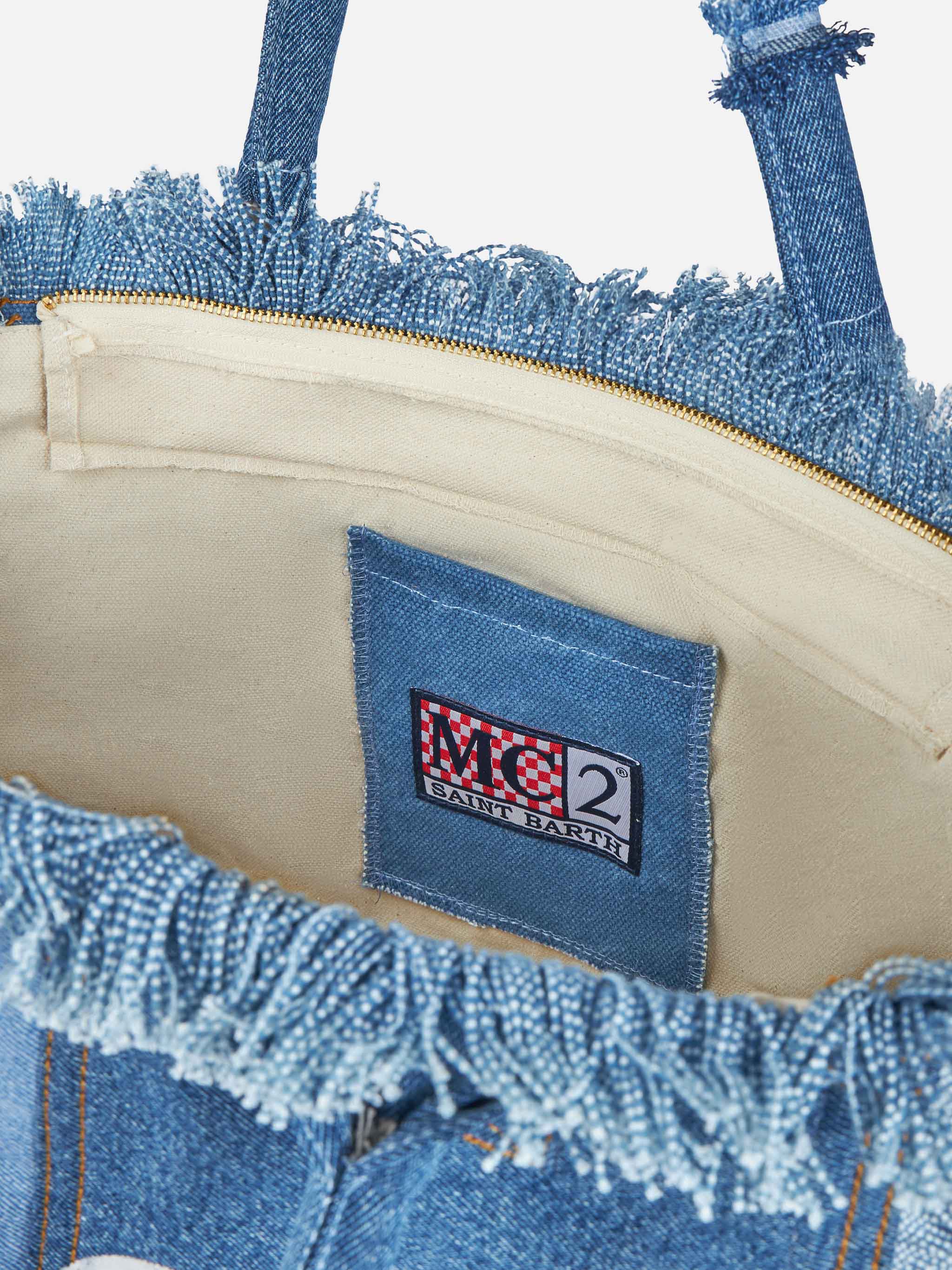 Denim Patchwork Cotton Canvas Vanity Tote Bag Blue