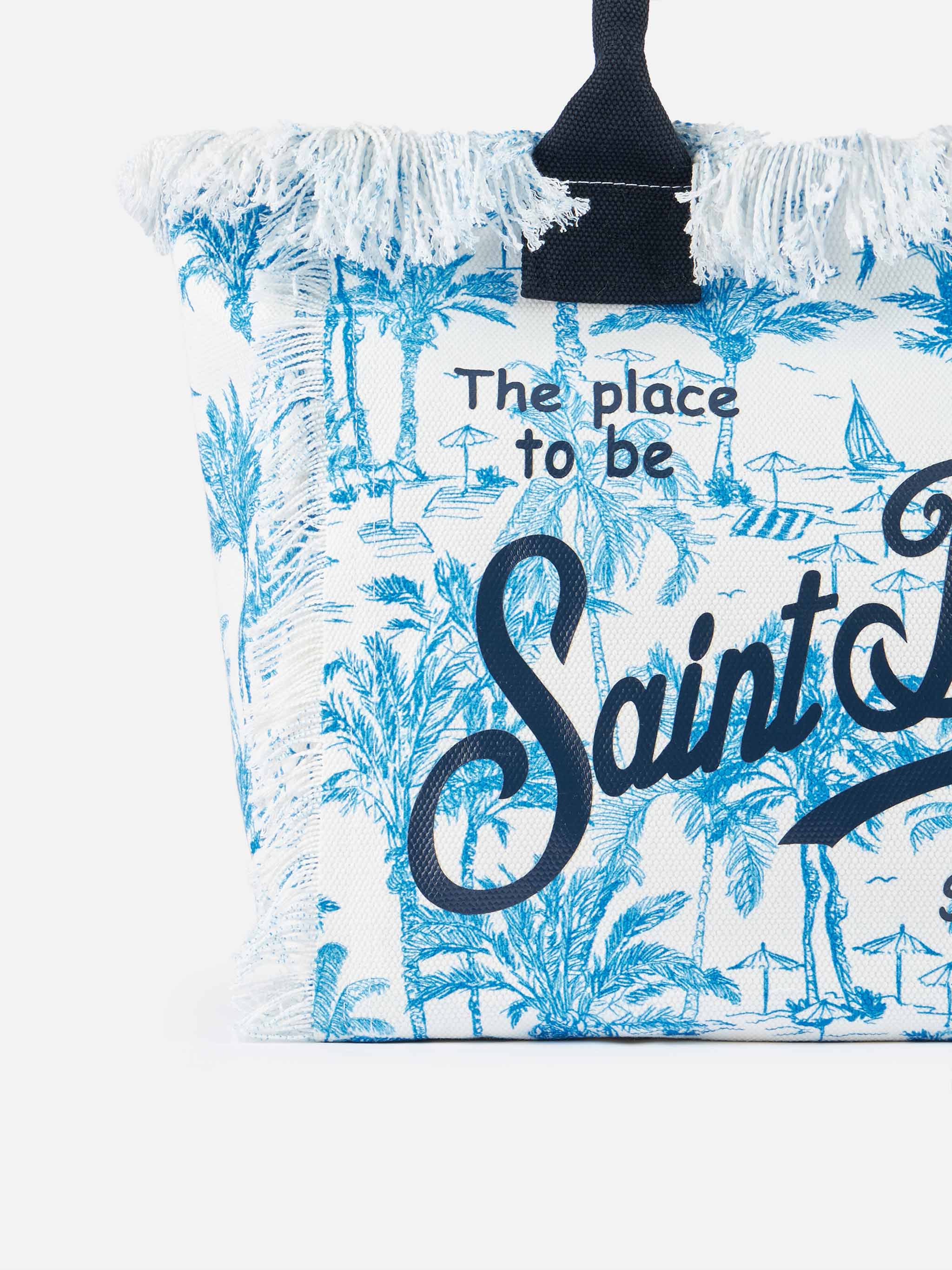 Bluette Cotton Canvas Vanity Tote Bag With Toile De Jouy Print Blue