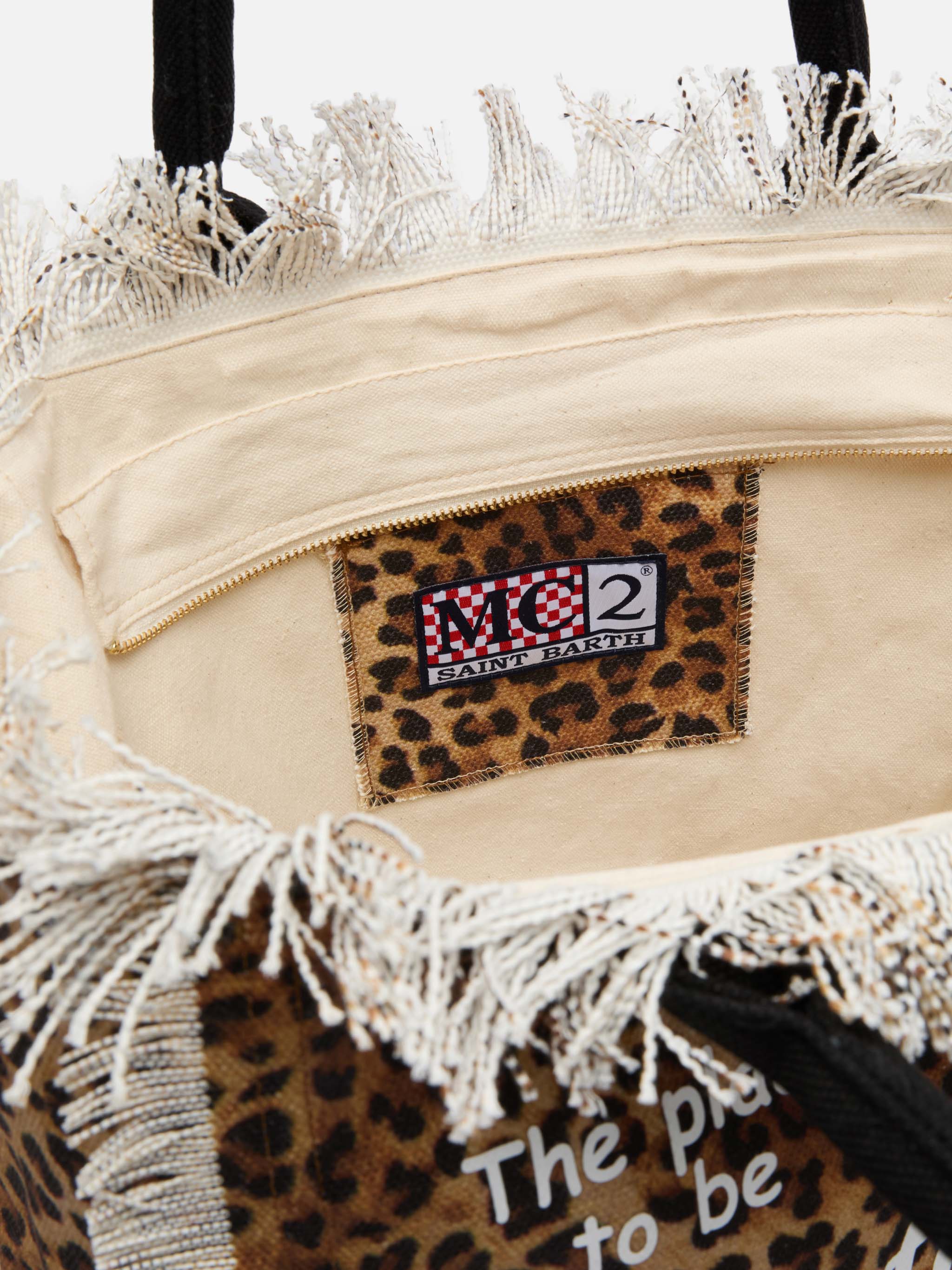 Cotton Canvas Vanity Tote Bag With Leopard Print Black