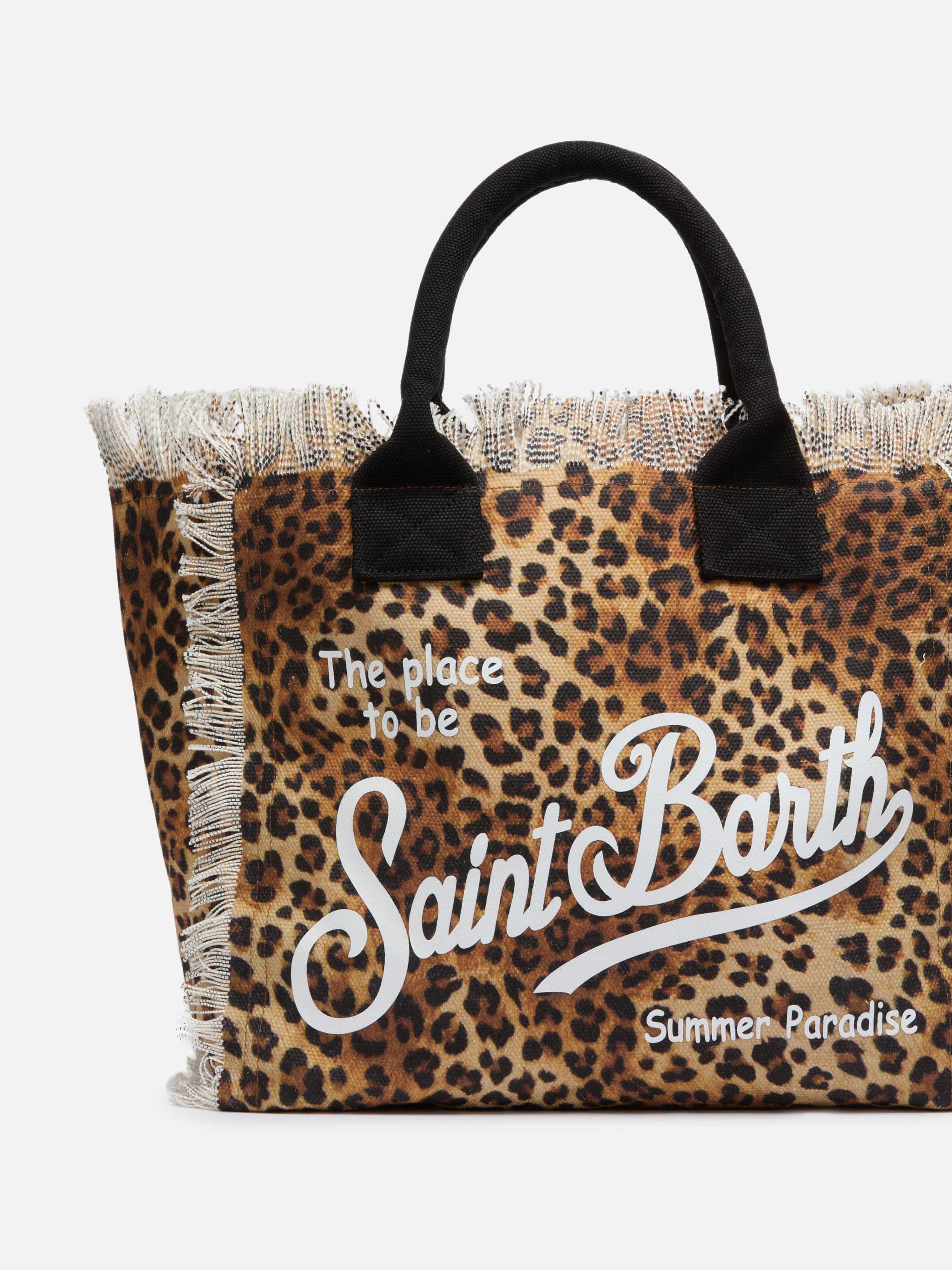 Cotton Canvas Vanity Tote Bag With Leopard Print Black