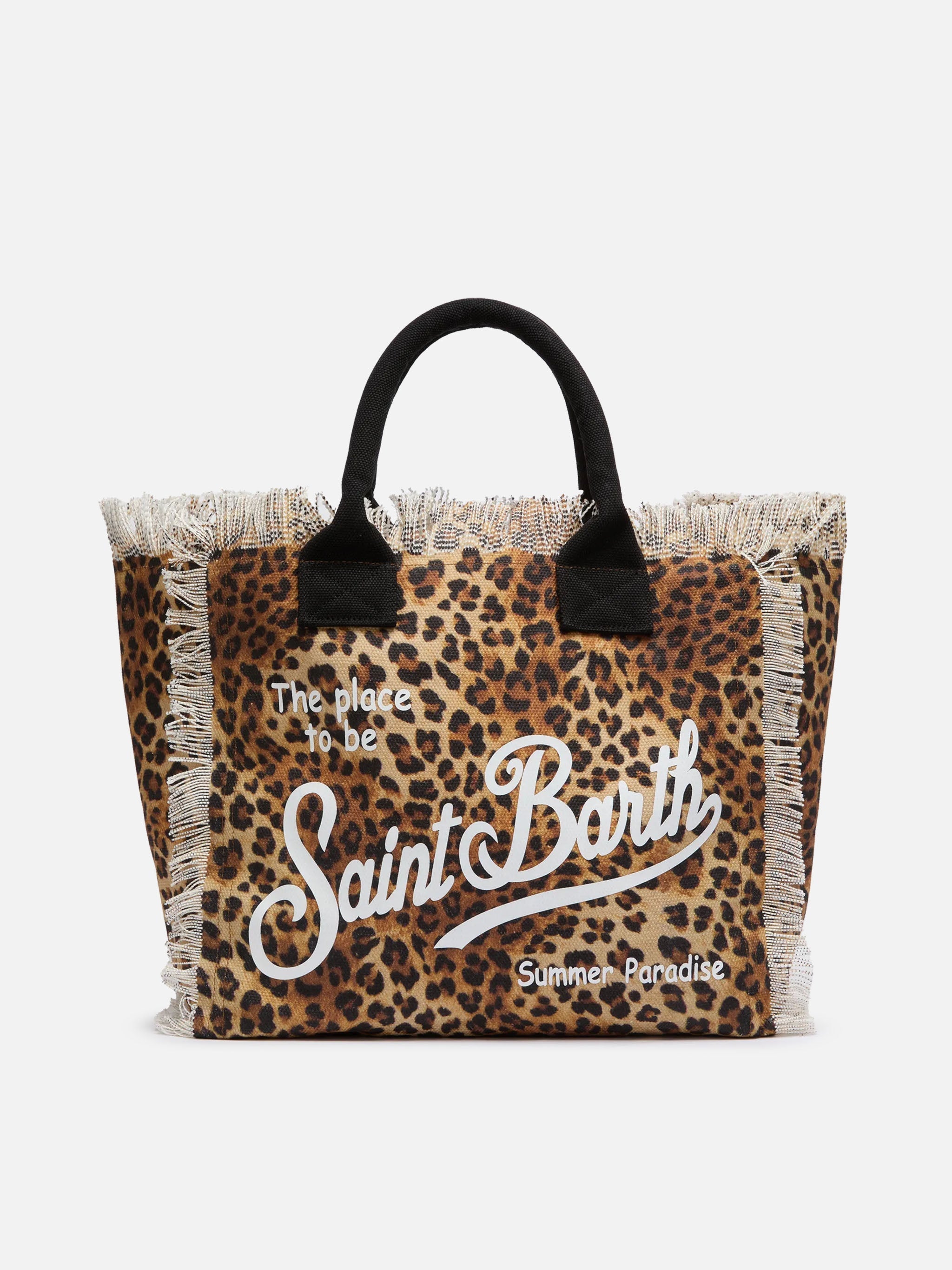 Cotton Canvas Vanity Tote Bag With Leopard Print Black