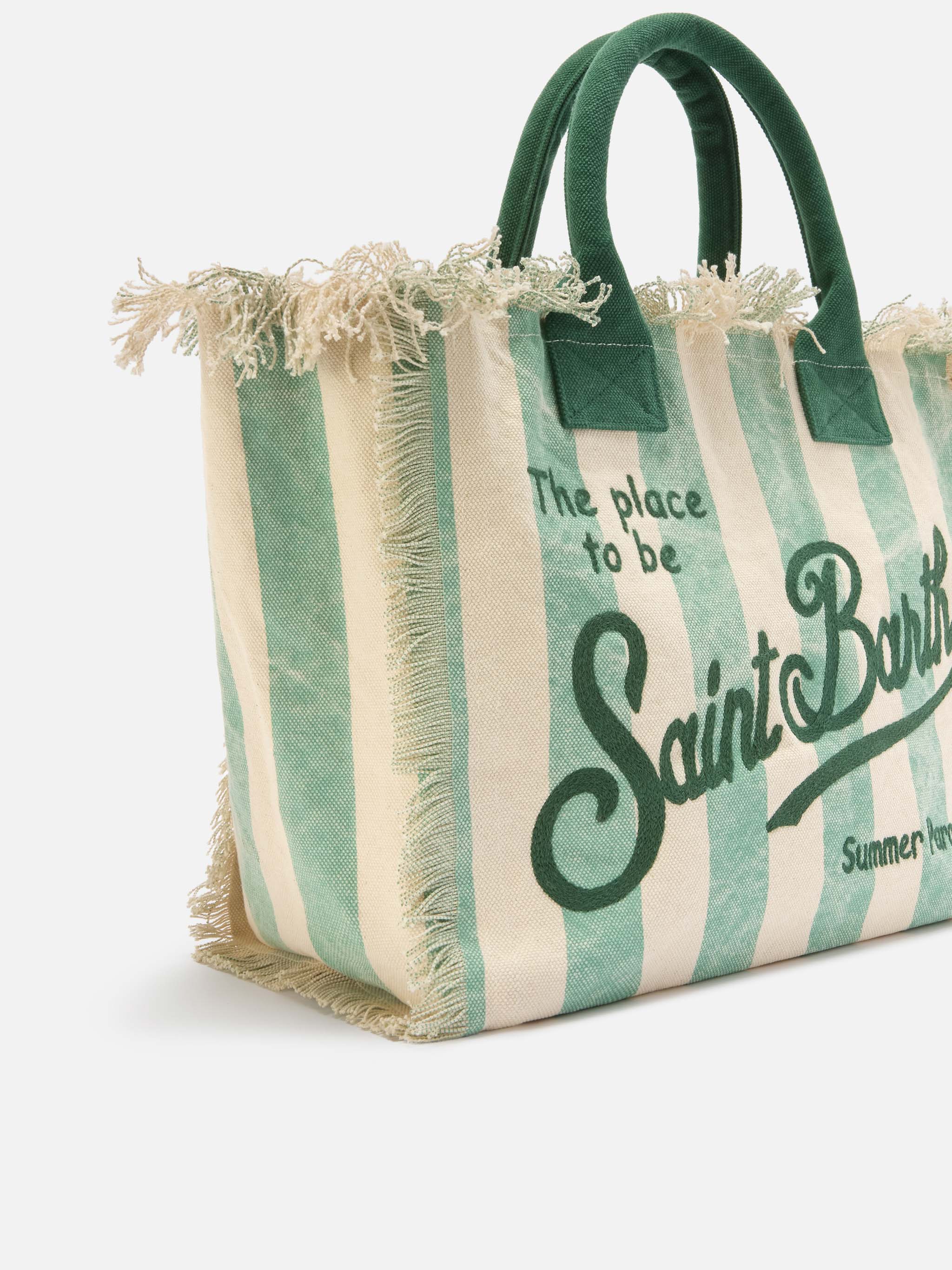 Light Green Canvas Vanity Regular Bag With Vertical Stripes