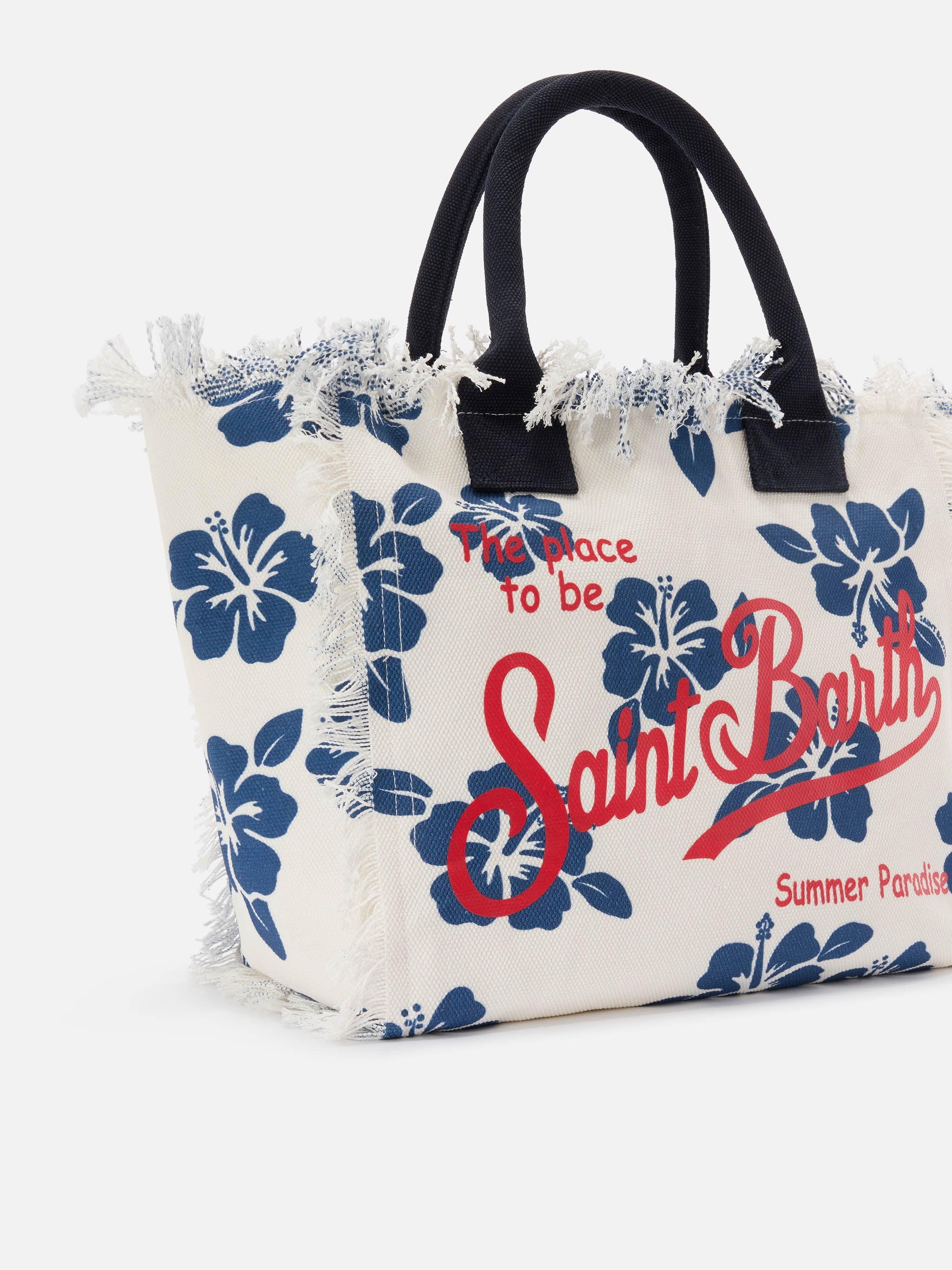 White Canvas Vanity Regular Bag With Hibiscus Print