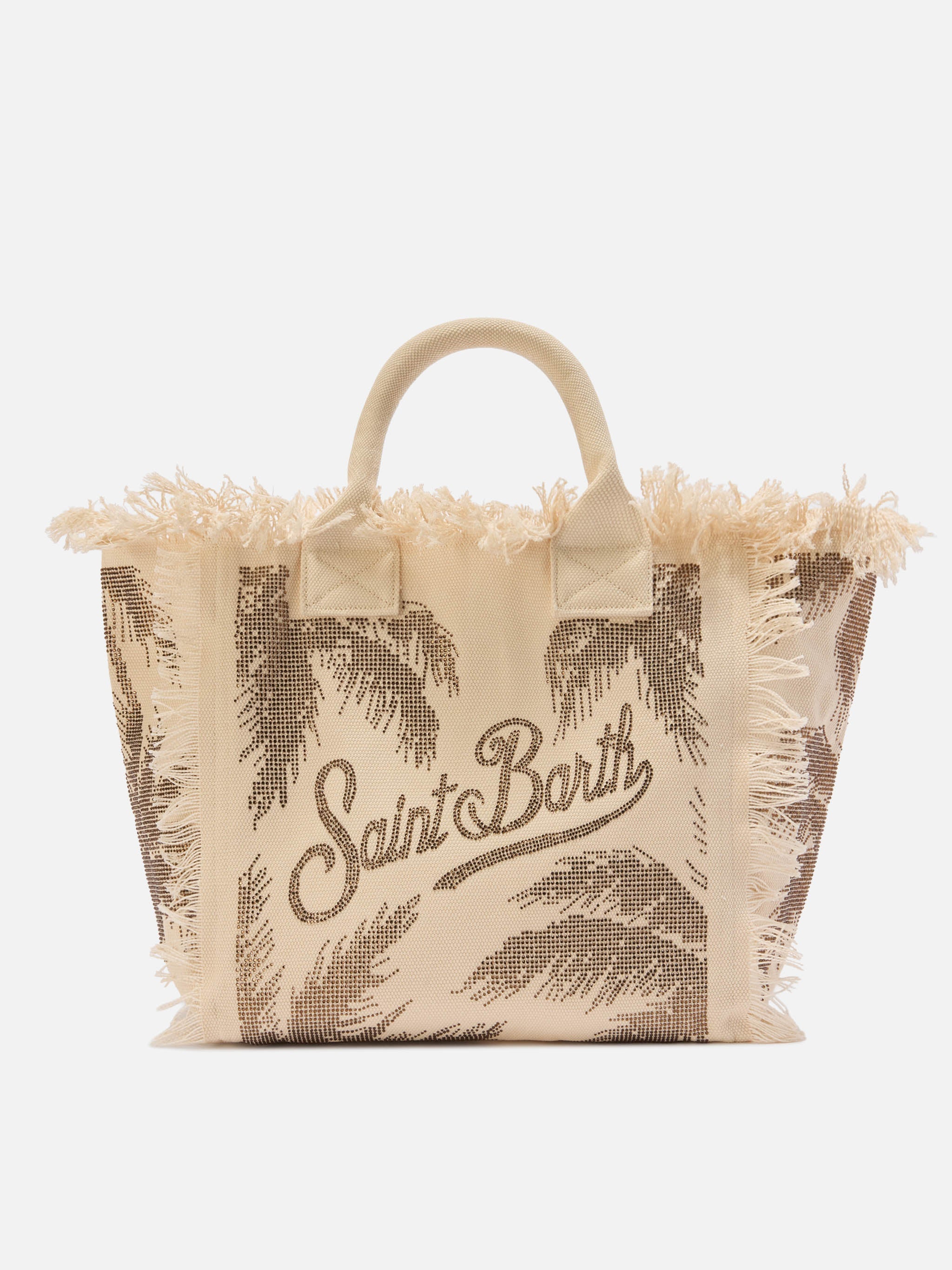 Canvas Vanity Regular Bag With Palm Print Rhinestones Brown