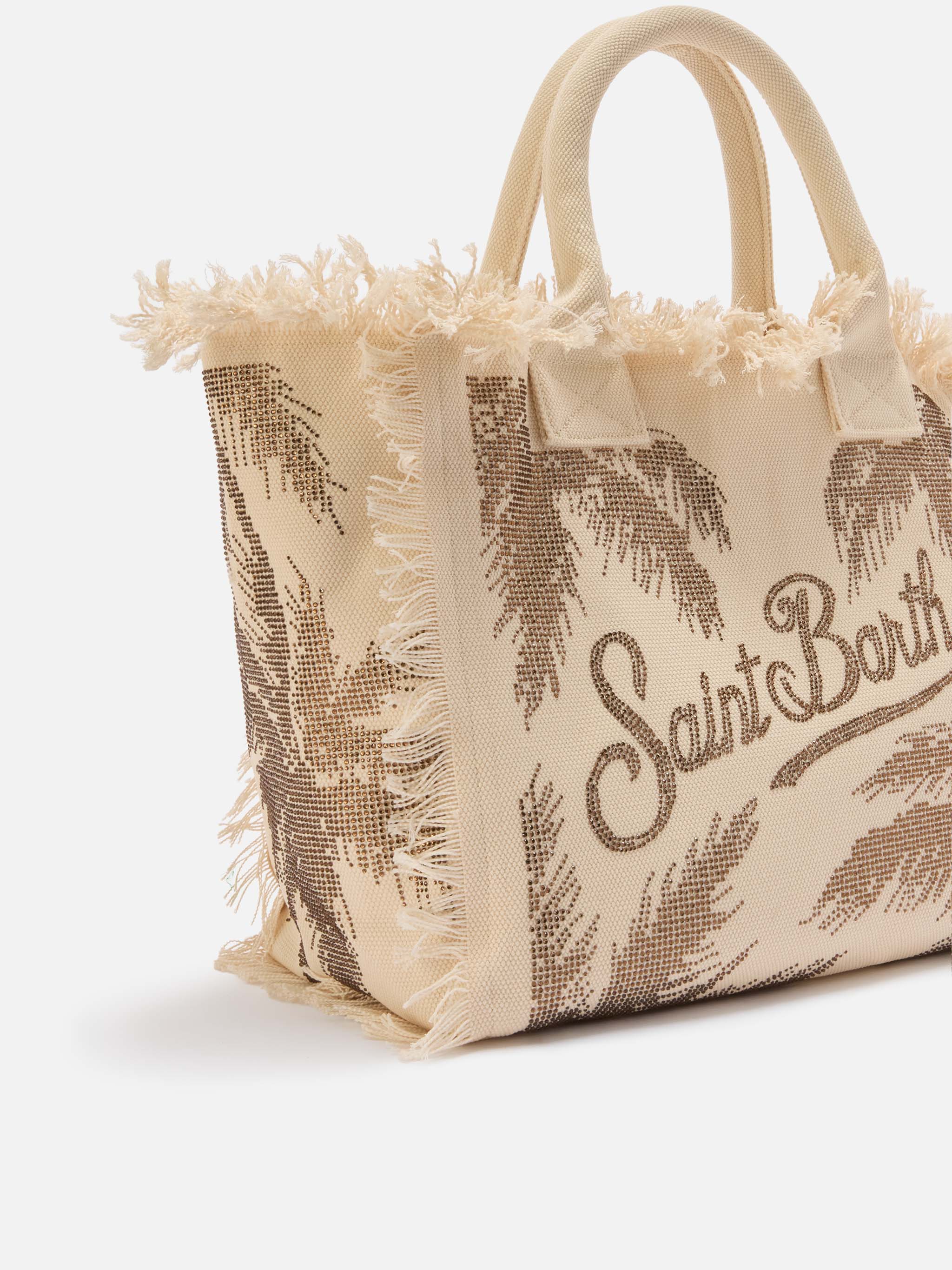 Canvas Vanity Regular Bag With Palm Print Rhinestones Brown