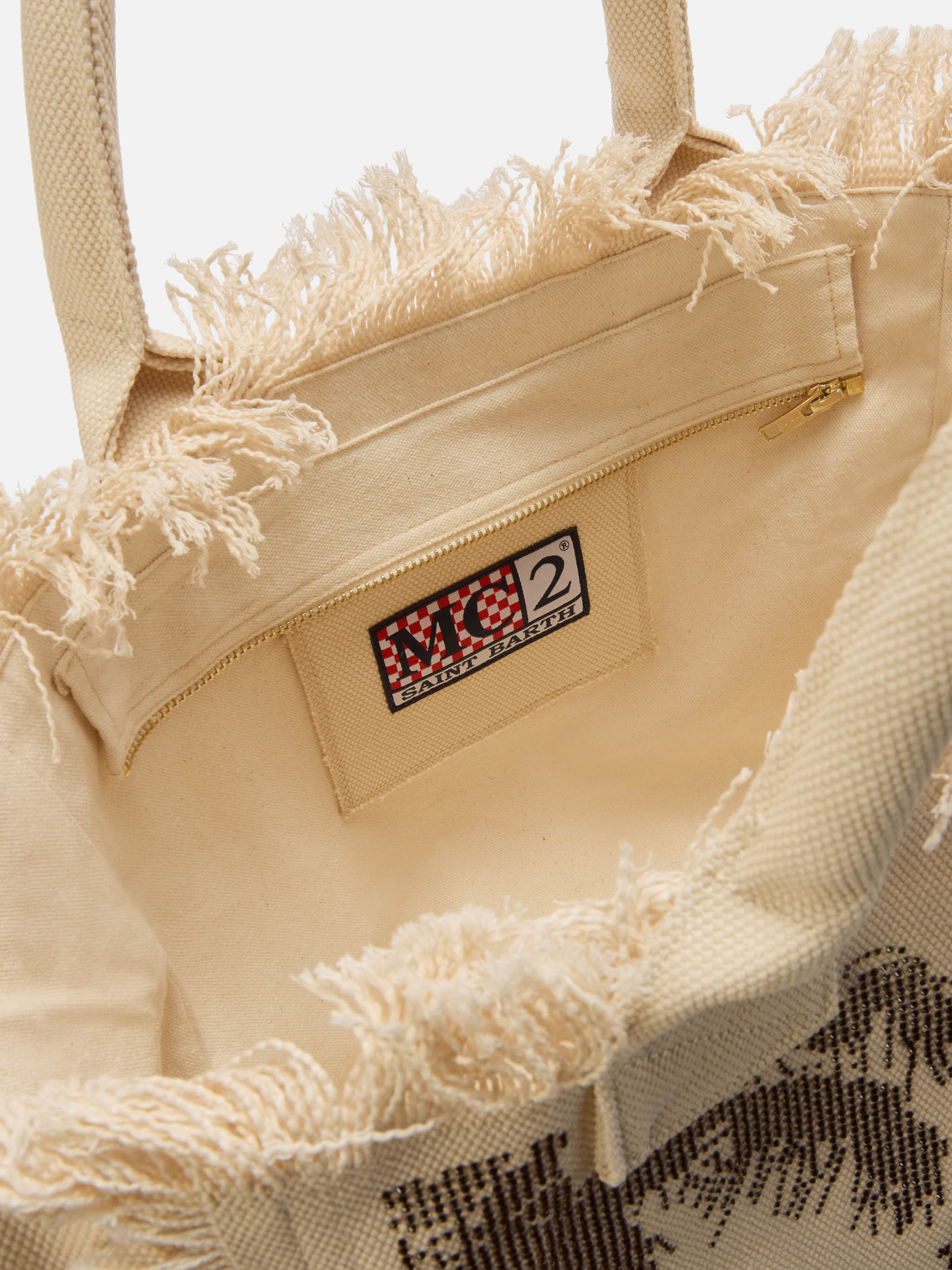Canvas Vanity Regular Bag With Palm Print Rhinestones Brown
