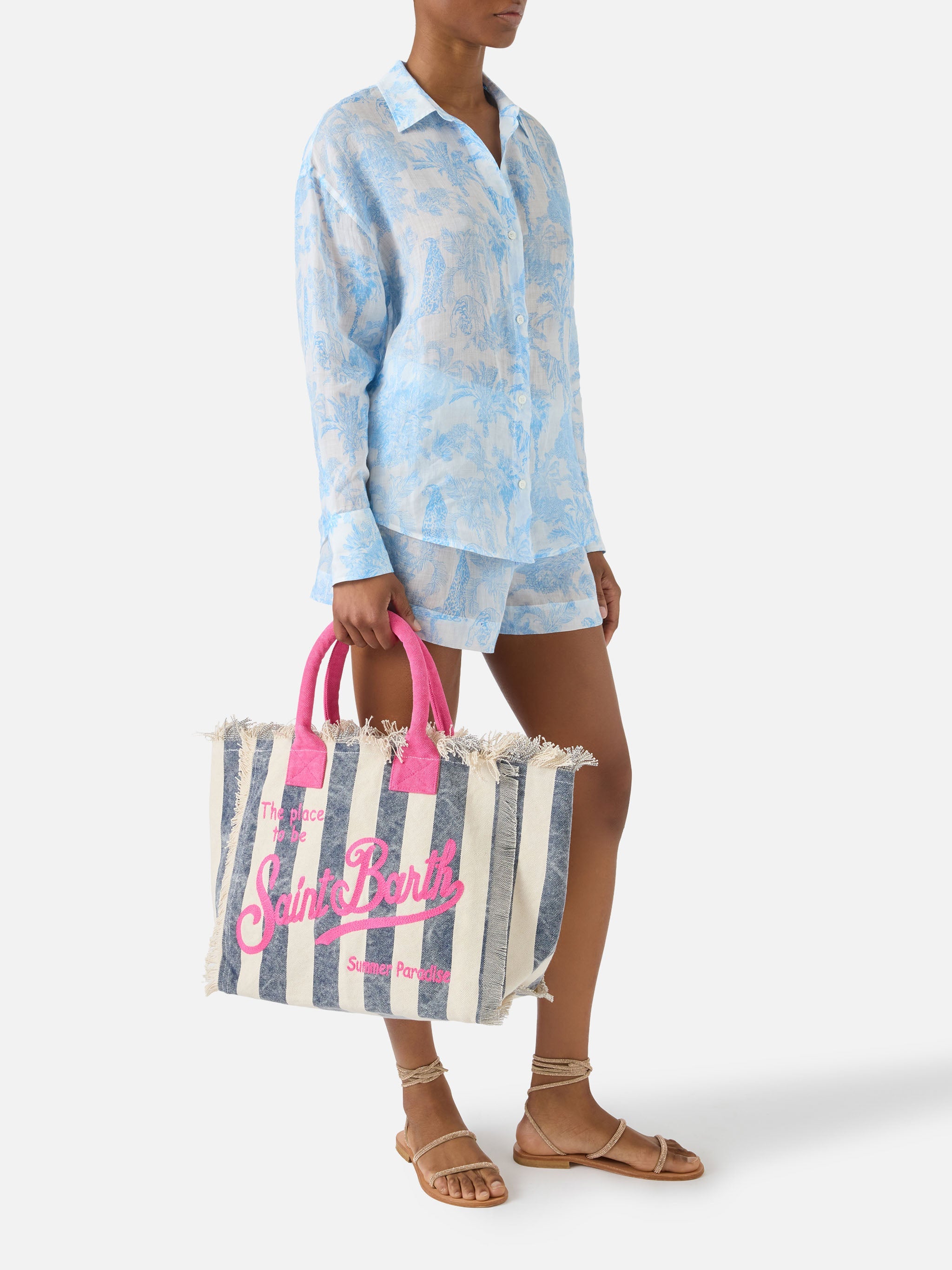 Regular Vanity Canvas Bag With Blue Vertical Stripes