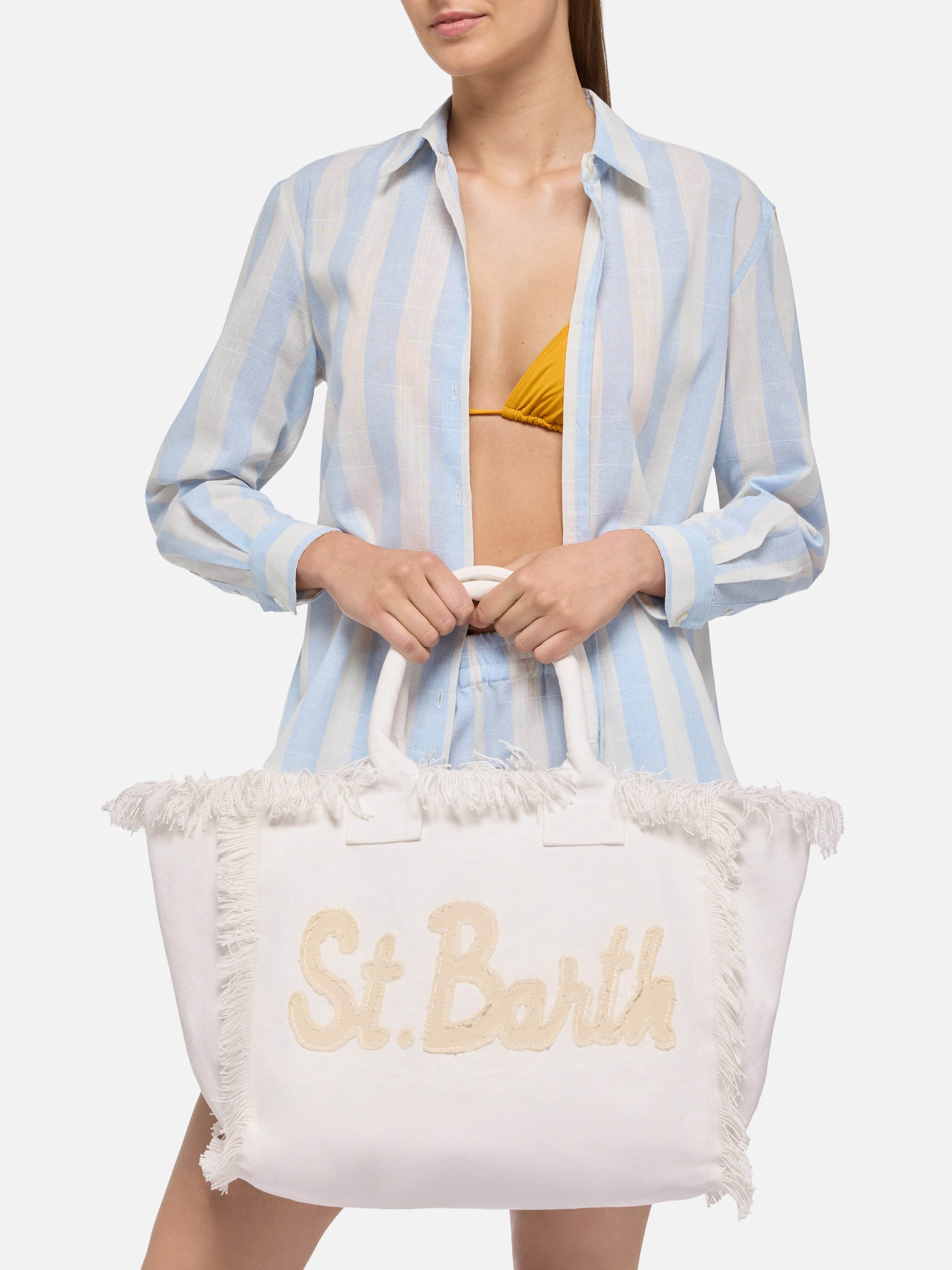 Cotton Canvas Vanity Tote Bag With St. Barth Patch Logo White