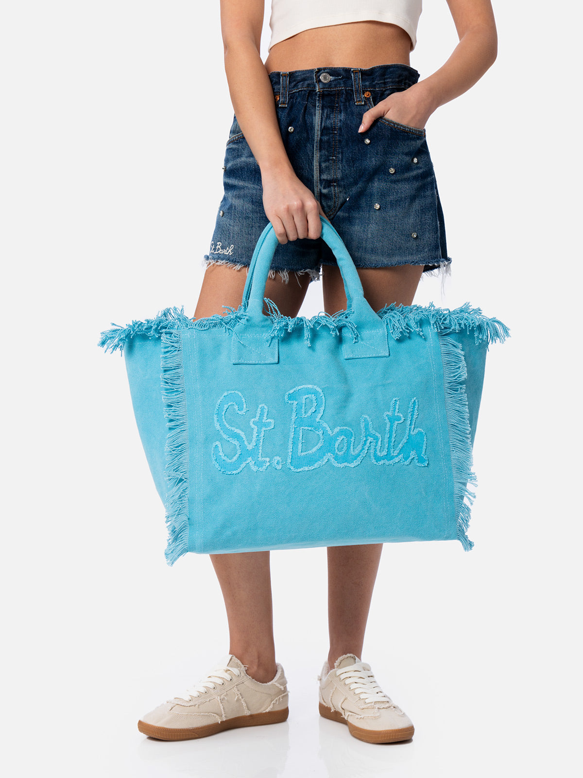 Light Blue Cotton Canvas Vanity Tote Bag With Logo Patch Sky