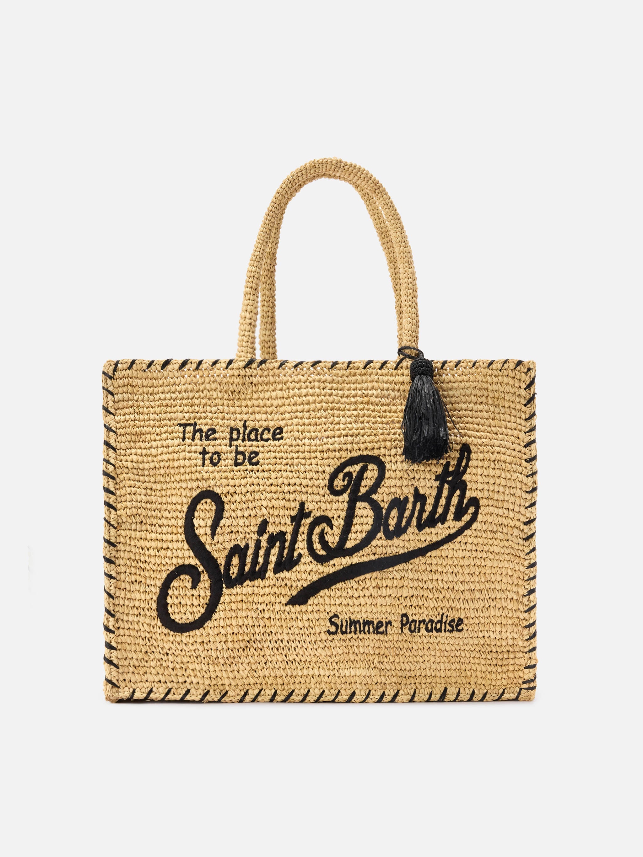 Regular Vanity Raffia Bag With Black Details Beige