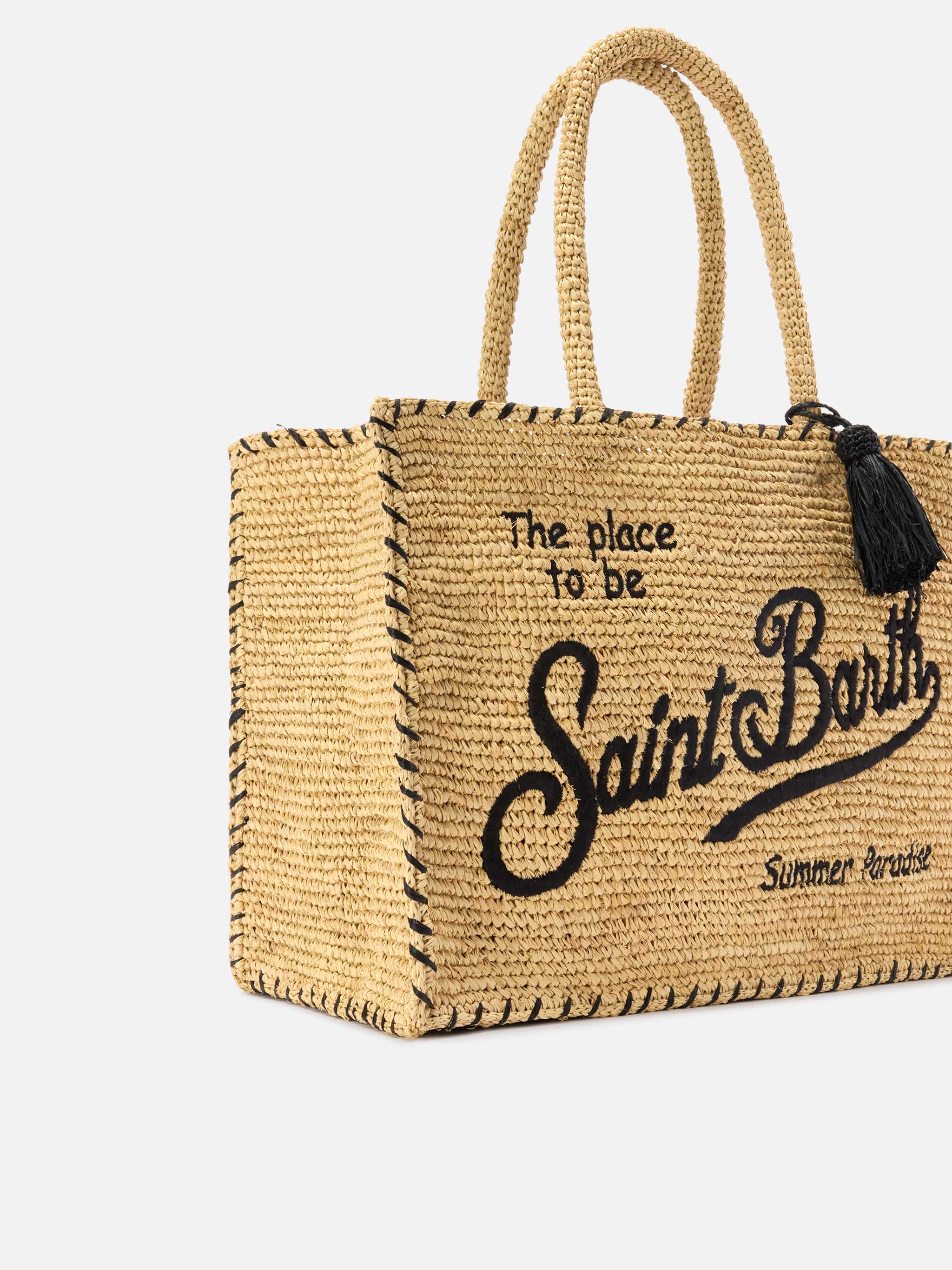 Regular Vanity Raffia Bag With Black Details Beige