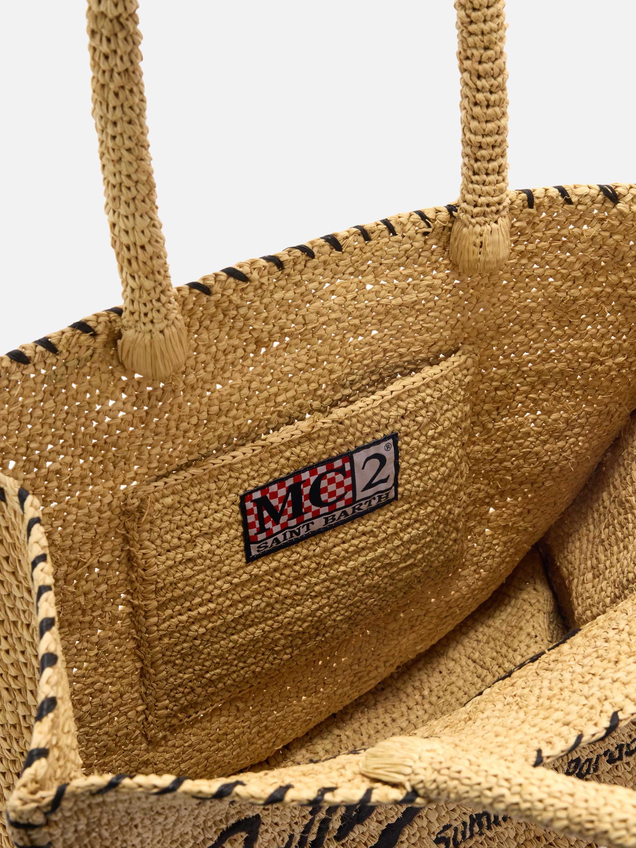 Regular Vanity Raffia Bag With Black Details Beige