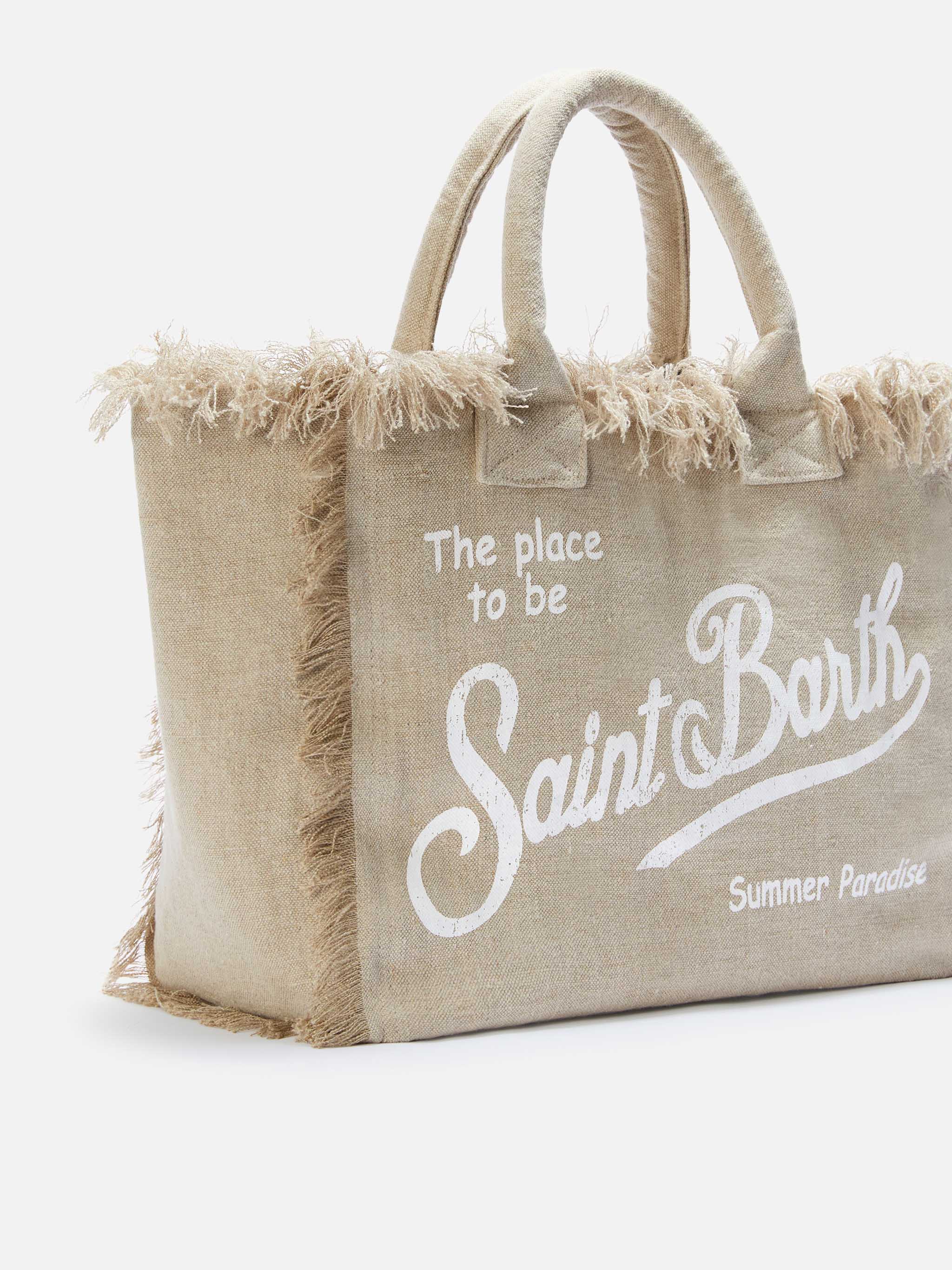 Beige Solid Linen Vanity Regular Bag Brown