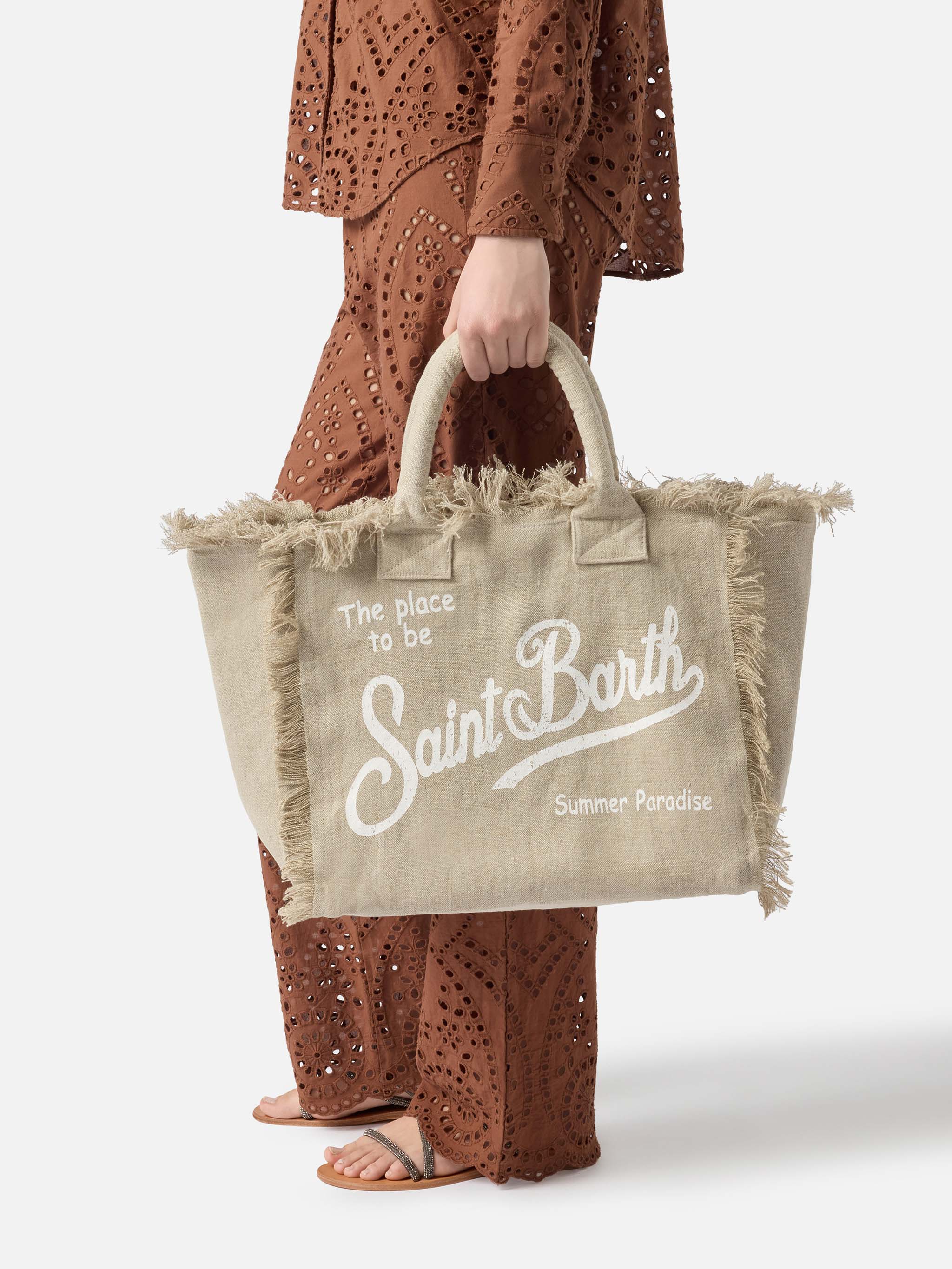 Beige Solid Linen Vanity Regular Bag Brown