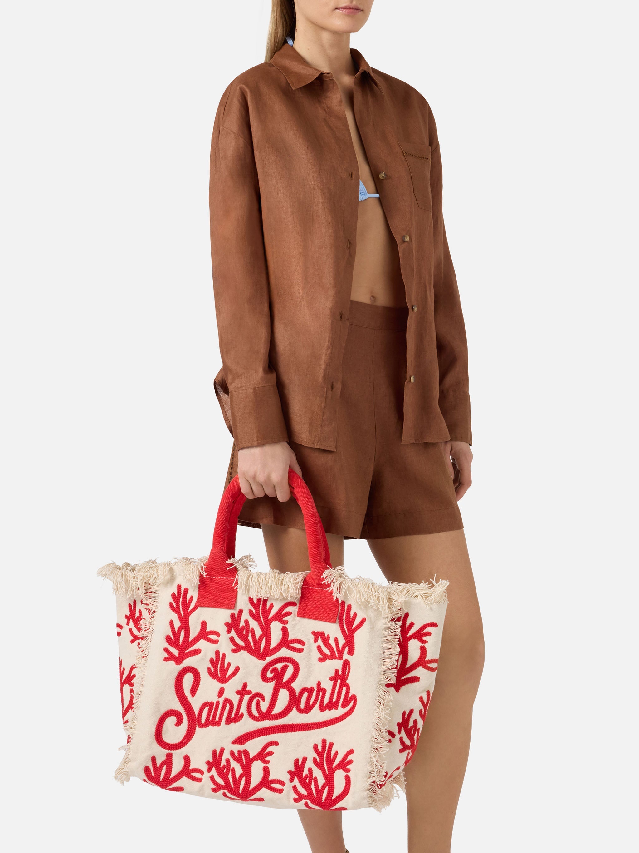 Canvas Vanity Regular Bag With Coral Tufting Embroidery Red