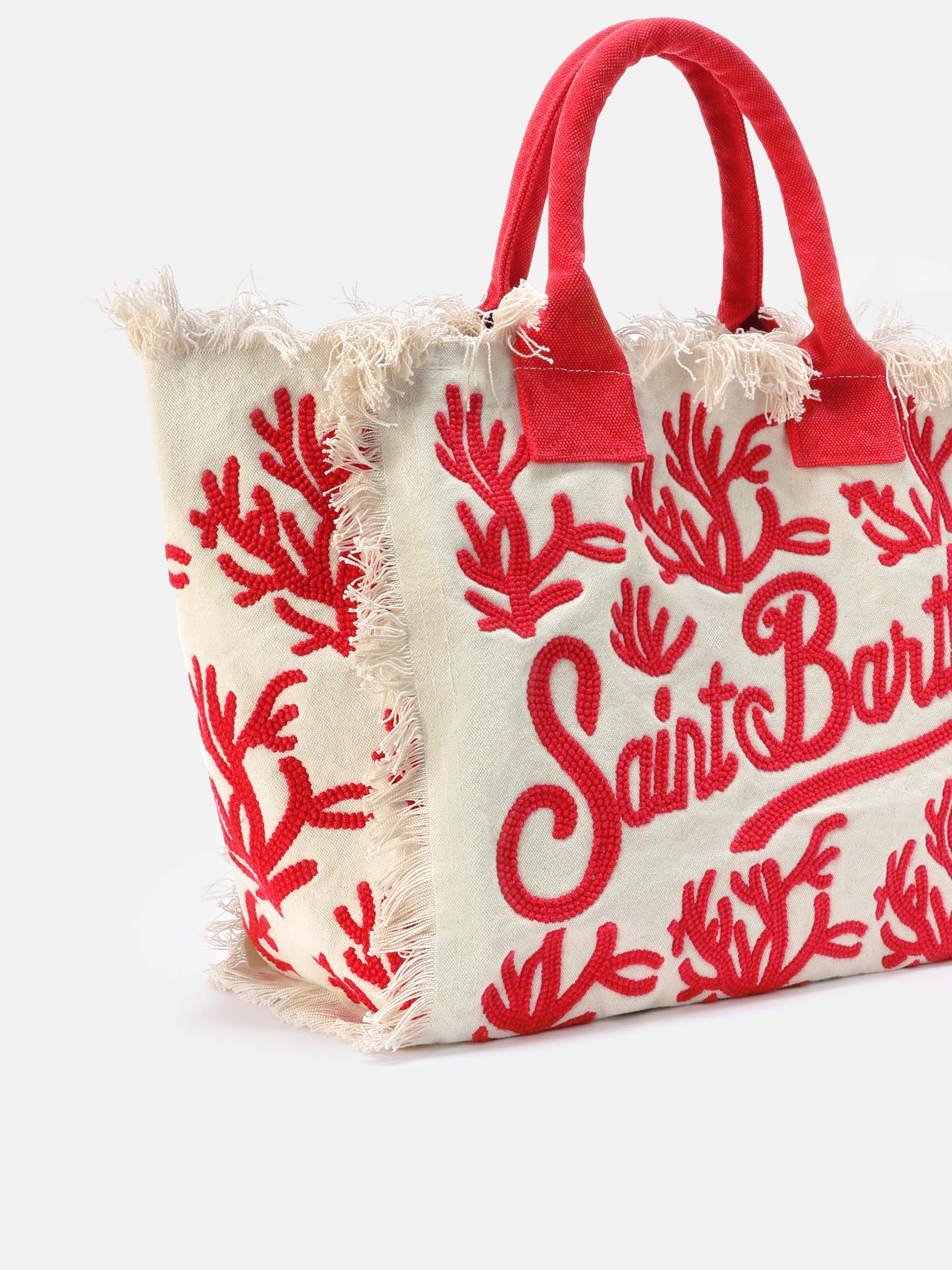 Canvas Vanity Regular Bag With Coral Tufting Embroidery Red