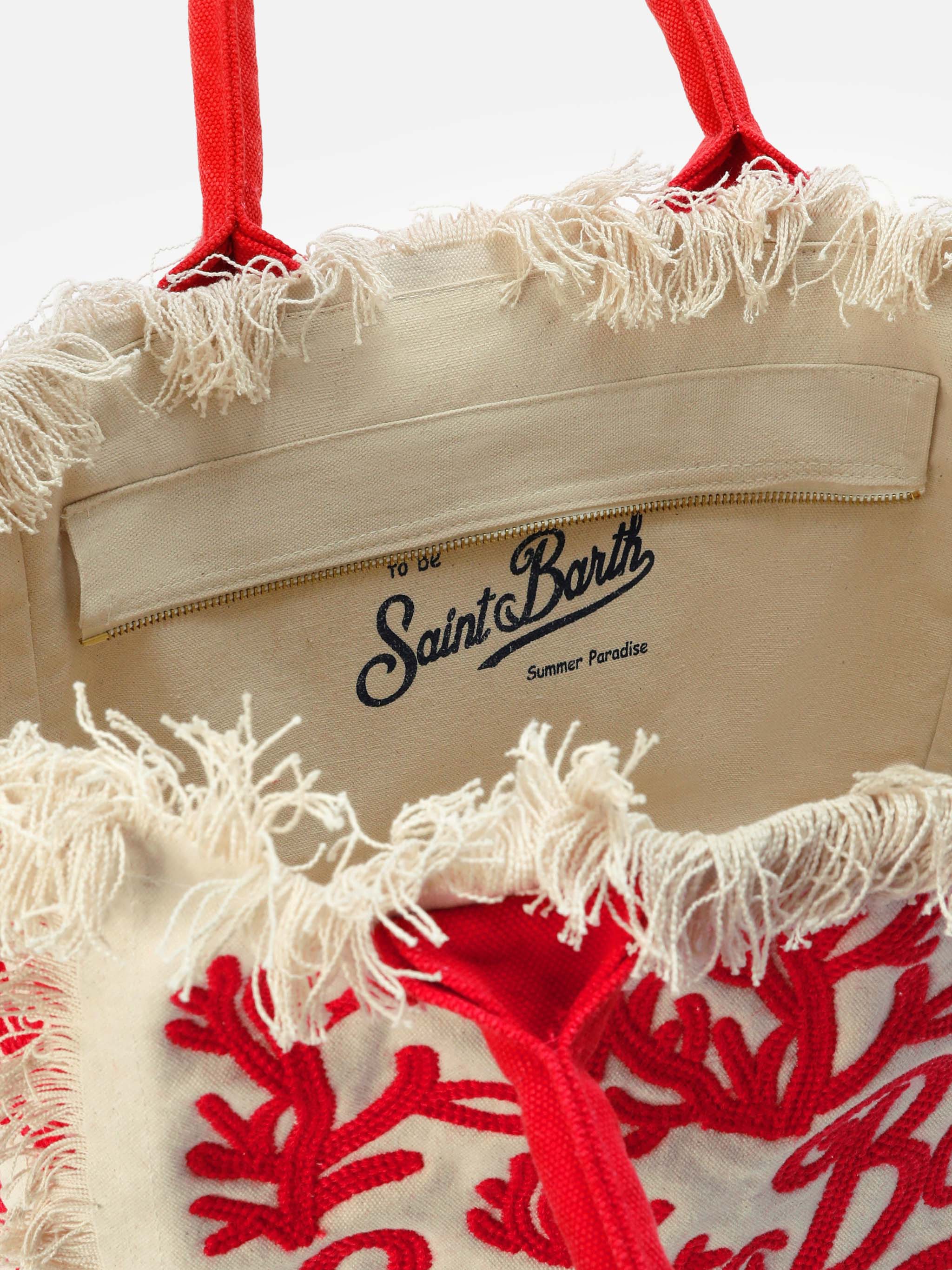 Canvas Vanity Regular Bag With Coral Tufting Embroidery Red